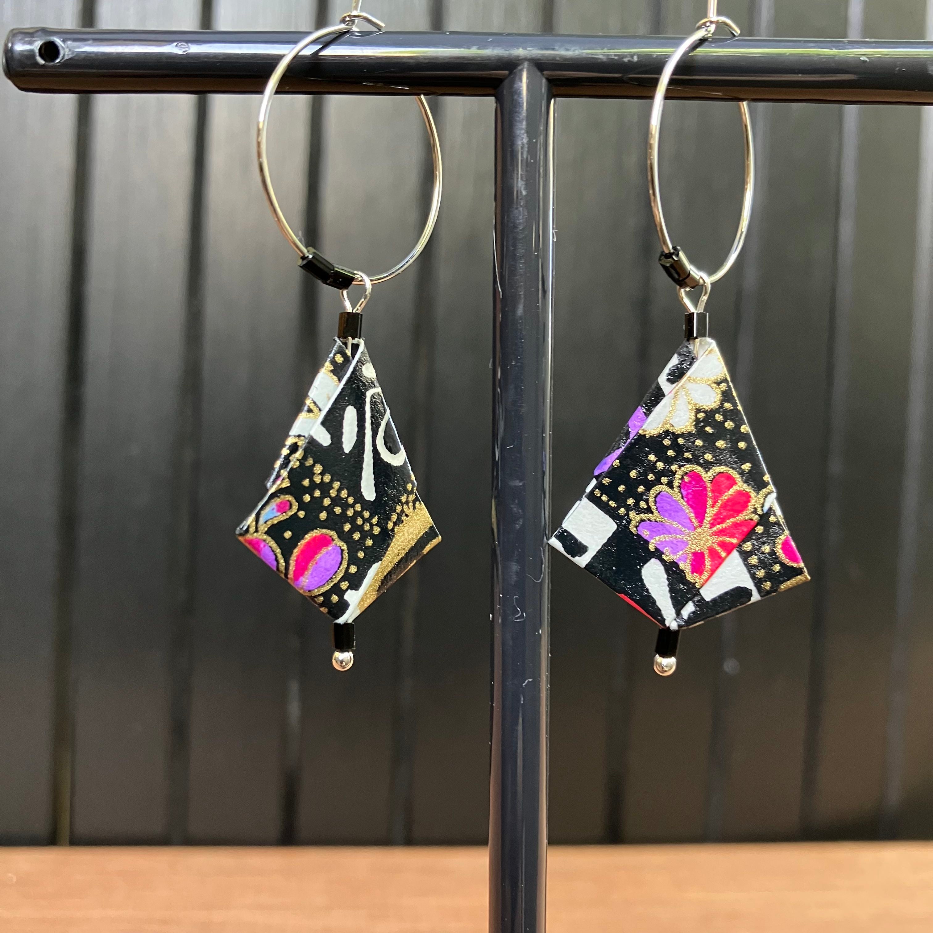 Checkerboard Pattern Japanese Paper Hoop Earrings