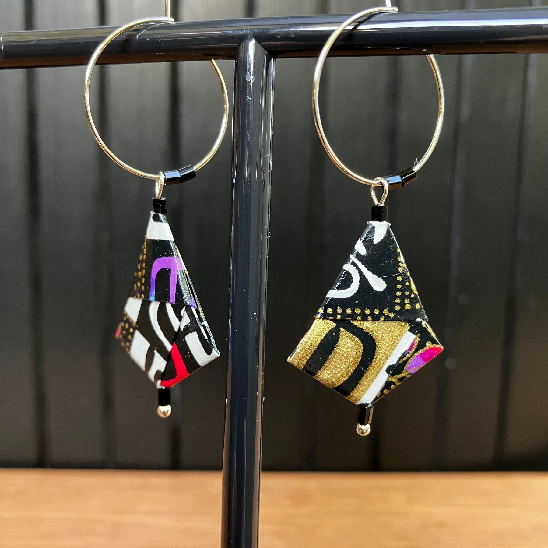 Checkerboard Pattern Japanese Paper Hoop Earrings
