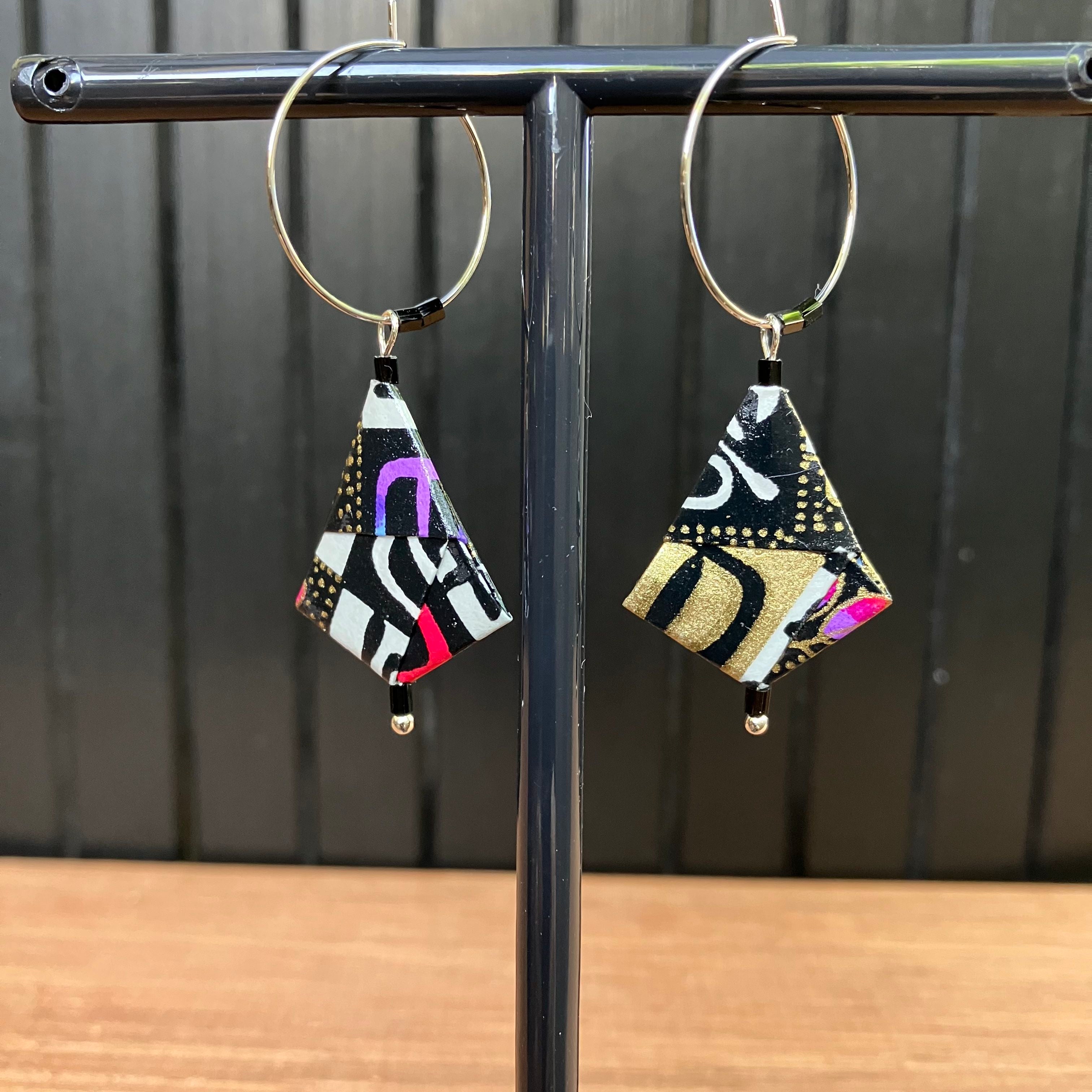 Checkerboard Pattern Japanese Paper Hoop Earrings