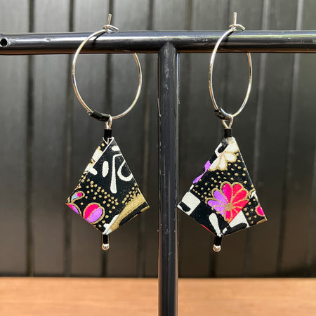Checkerboard Pattern Japanese Paper Hoop Earrings