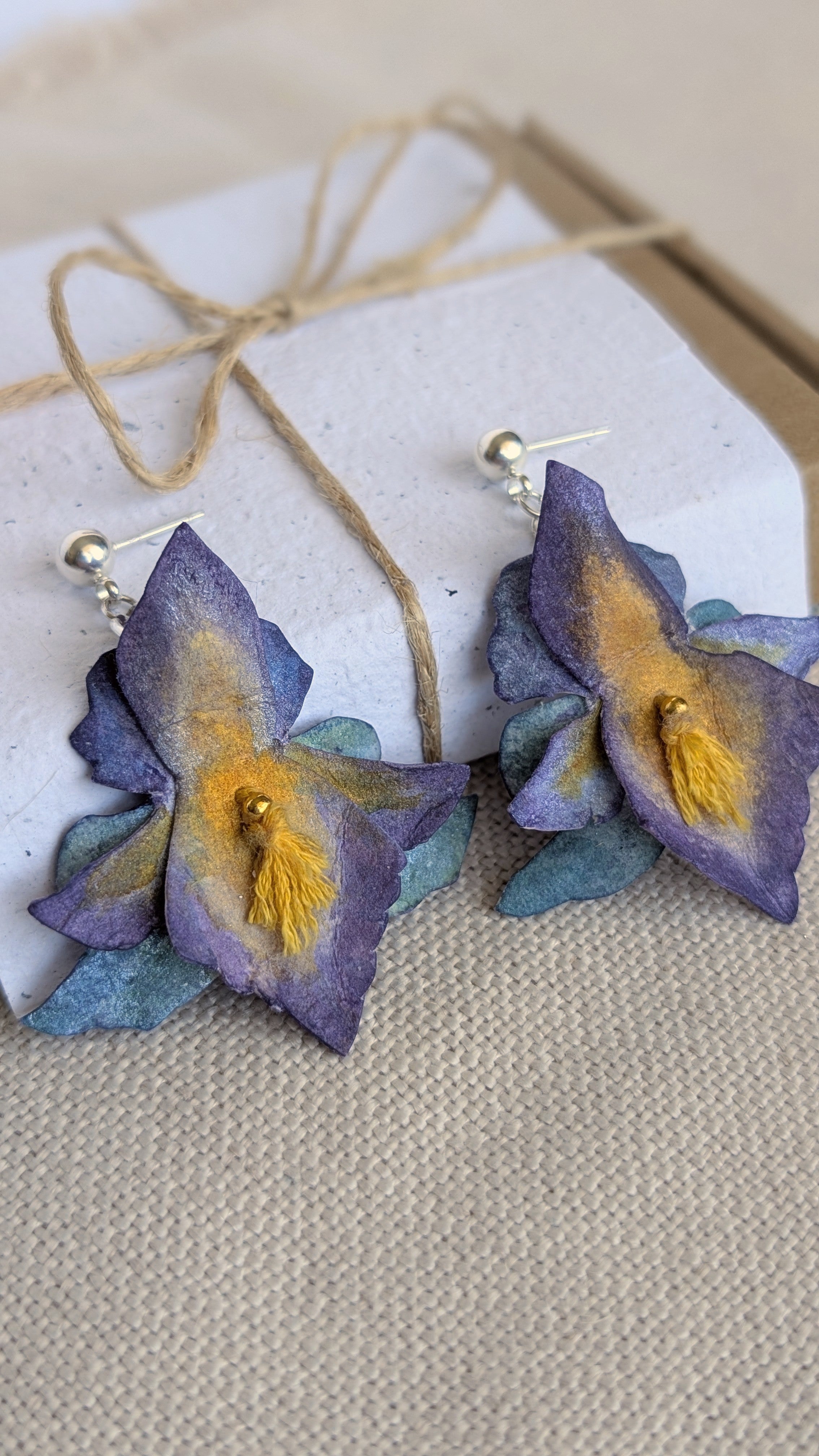 Handmade Iris Flower Earrings – Watercolour Paper Botanical Statement