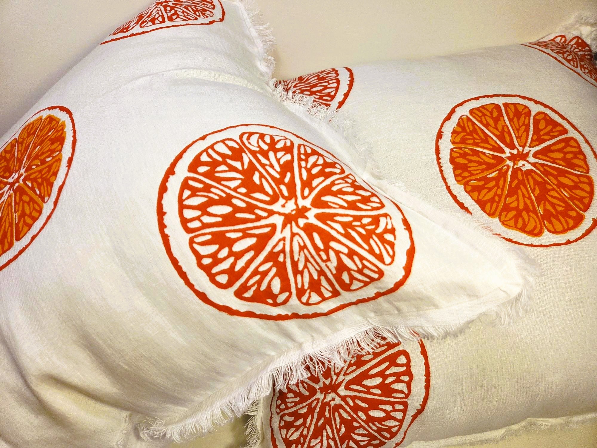 Hand Screen Printed - Oranges & Oranges French Linen cushion covers