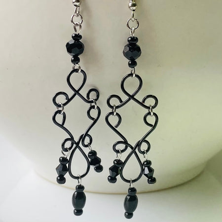 B’s Classic Black Dangling Wired Earrings with Agate and Crystals