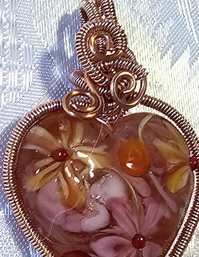 Gorgeous Pink Artisan Made Lampwork Heart Wire Wrapped by me!