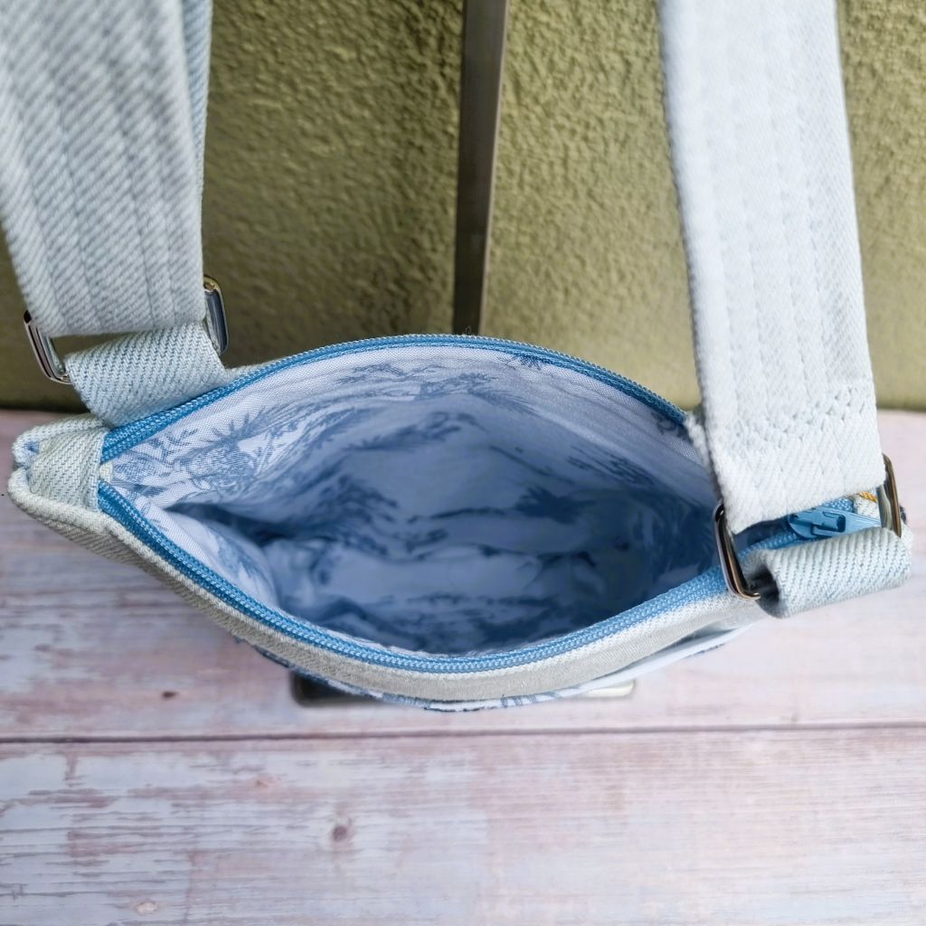 Upcycled small zip crossbody bag - Pale blue denim & abstract floral