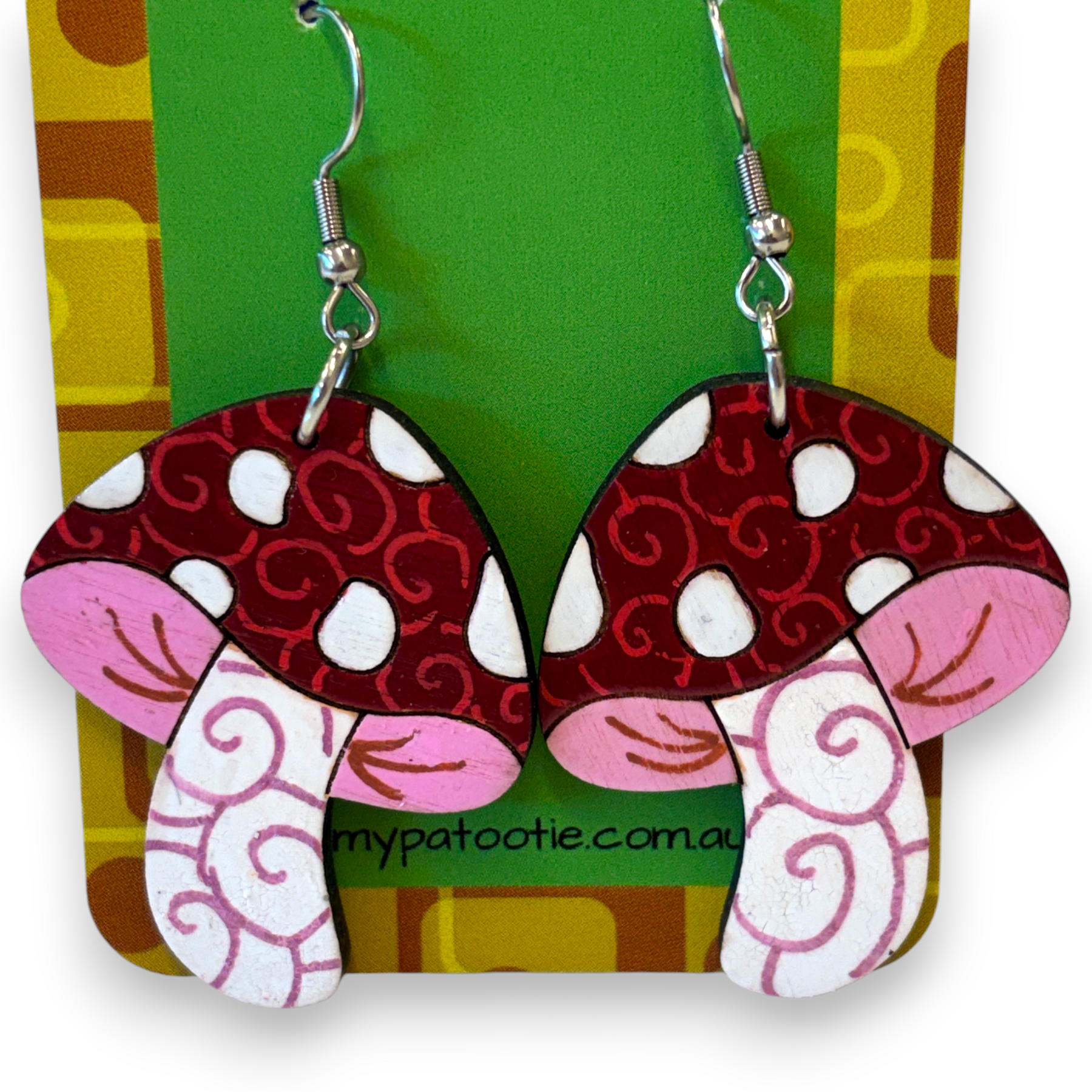 Wooden mushroom earrings - hand painted