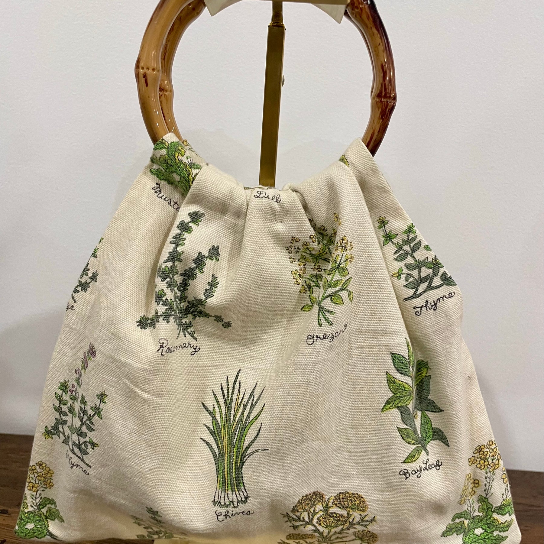 Boho Herb Granny Bag – Reclaimed Napkin Fabric Handbag, Grey Lining