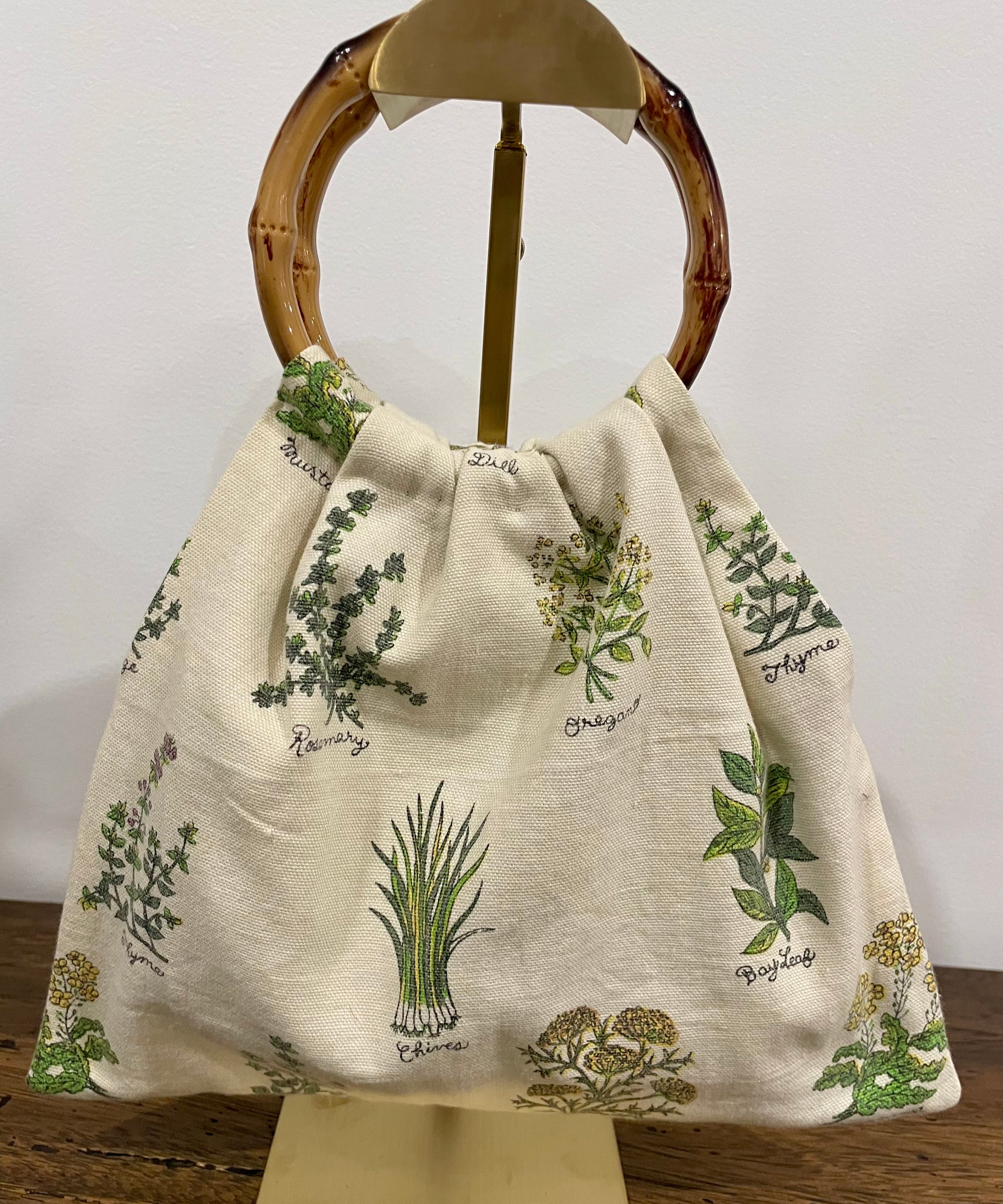 Boho Herb Granny Bag – Reclaimed Napkin Fabric Handbag, Grey Lining