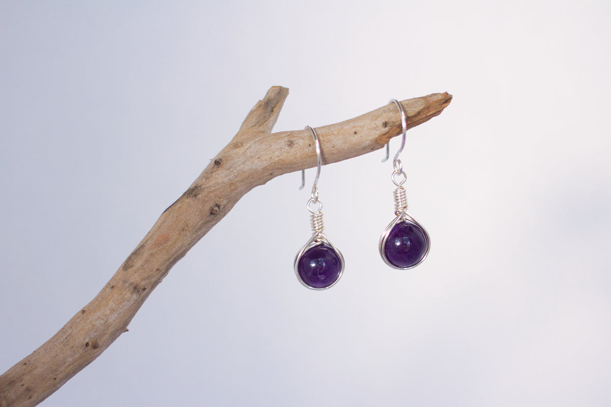 Amethyst Gemstone Silver Earrings | Wire Wrap Jewellery