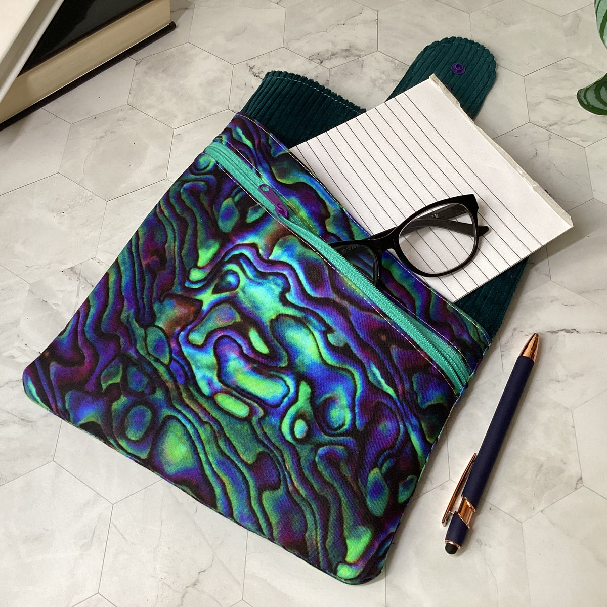 Paua Shell fabric book sleeve with 2 pockets. iPad, tablet pouch