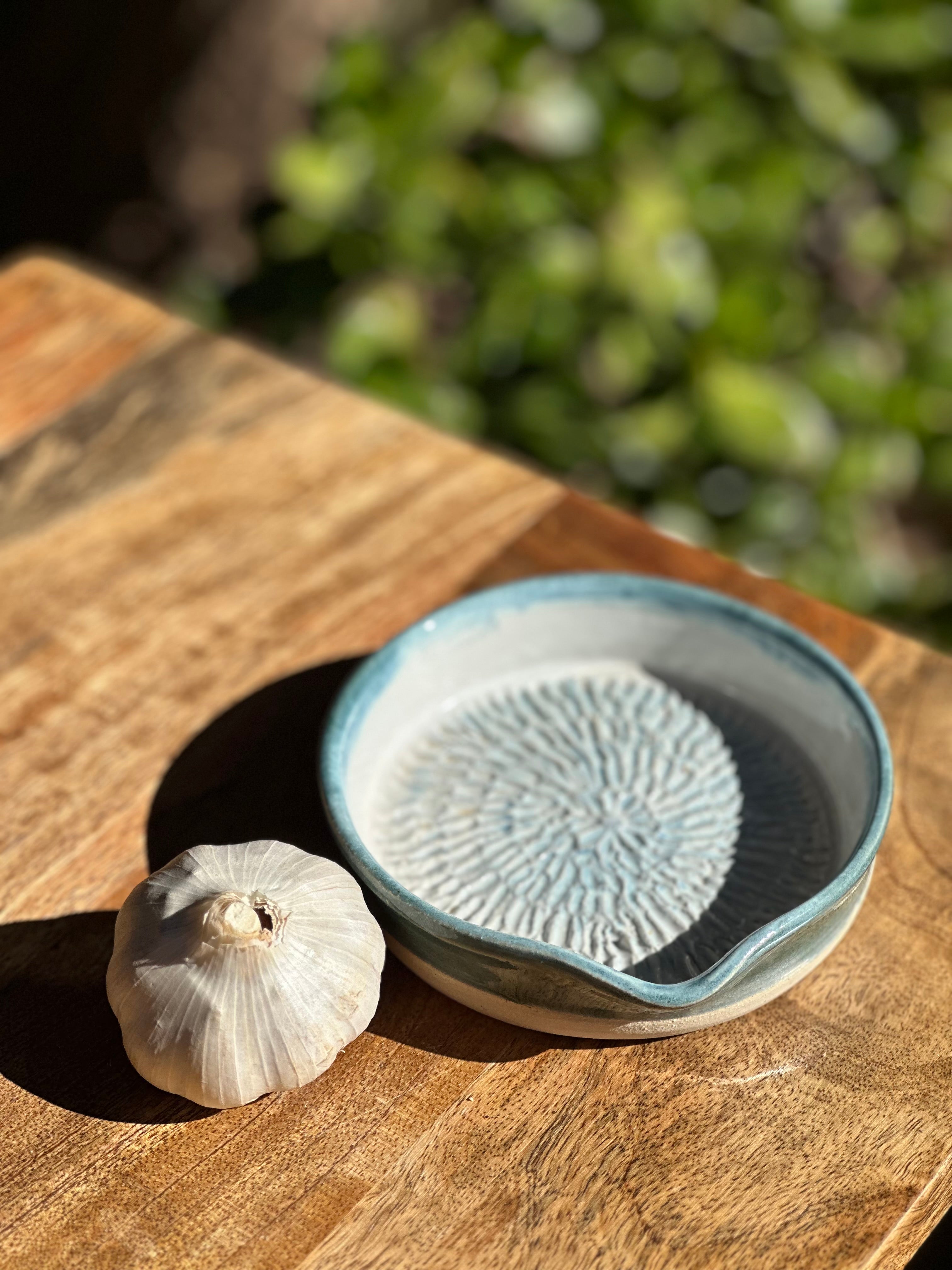 Handmade Garlic & Ginger Grater Dish | Sea Glass Stoneware Kitchen Grater