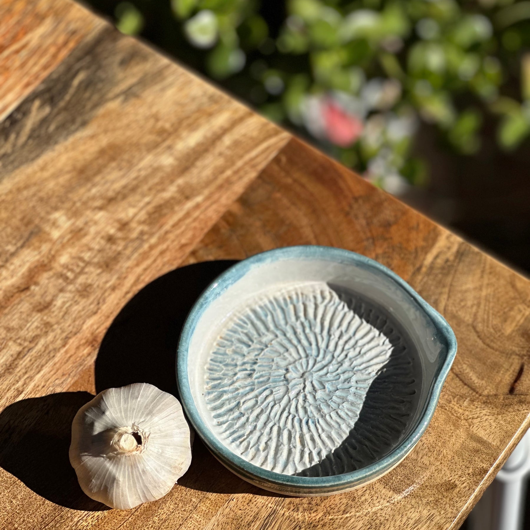 Handmade Garlic & Ginger Grater Dish | Sea Glass Stoneware Kitchen Grater