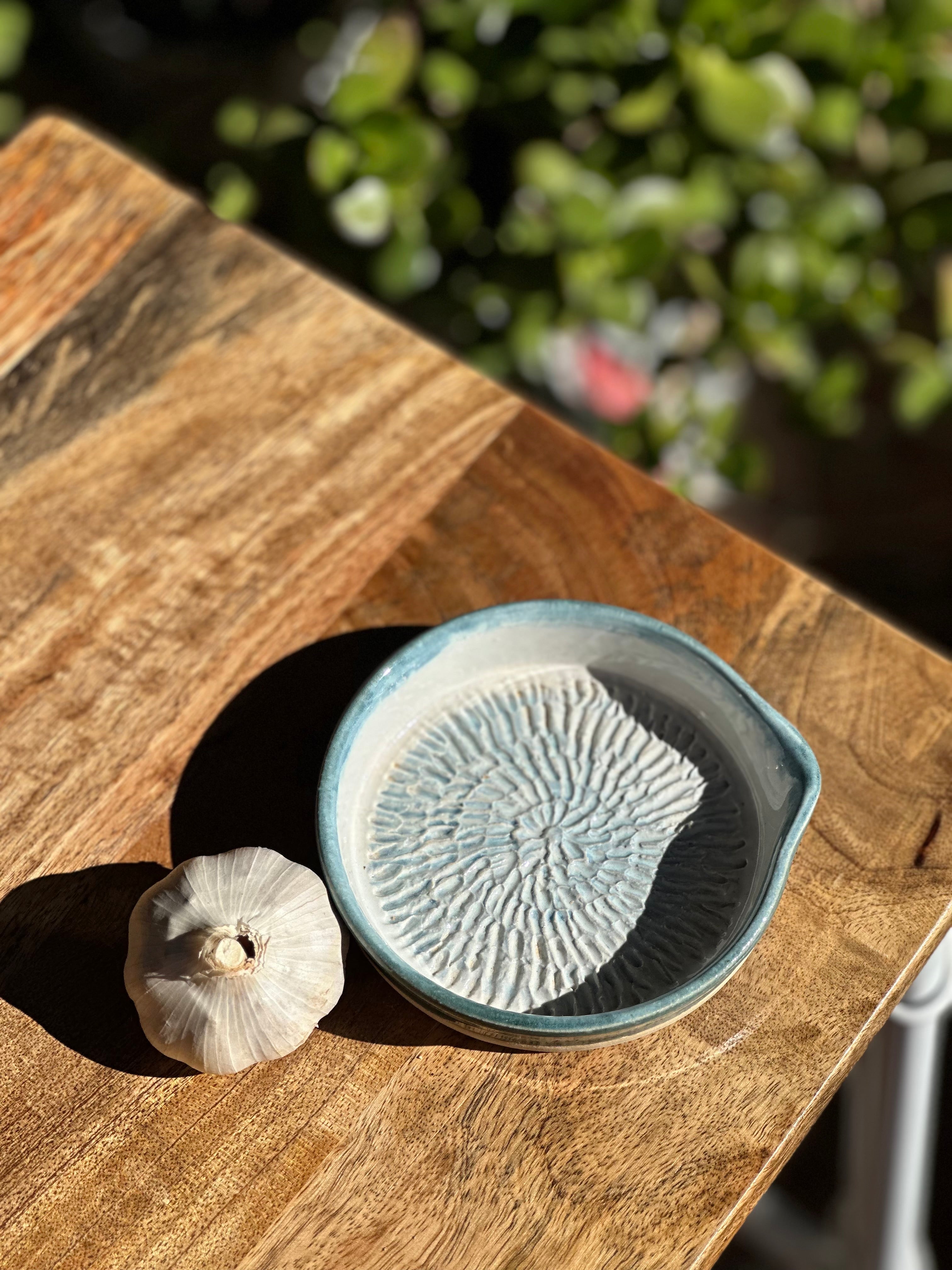 Handmade Garlic & Ginger Grater Dish | Sea Glass Stoneware Kitchen Grater