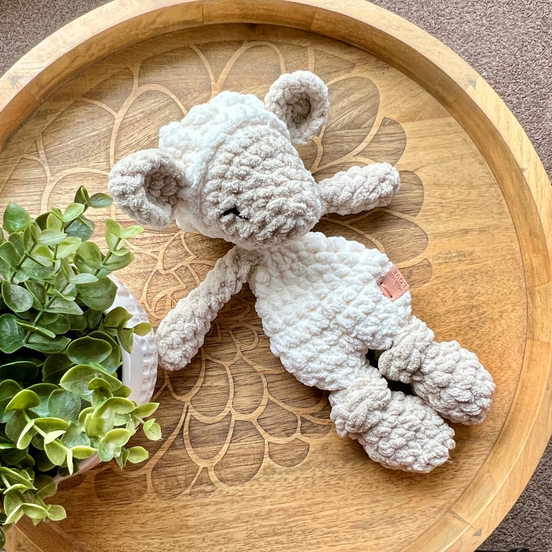 Handmade crochet Mini lamb sheep modern lovey with knotted legs.