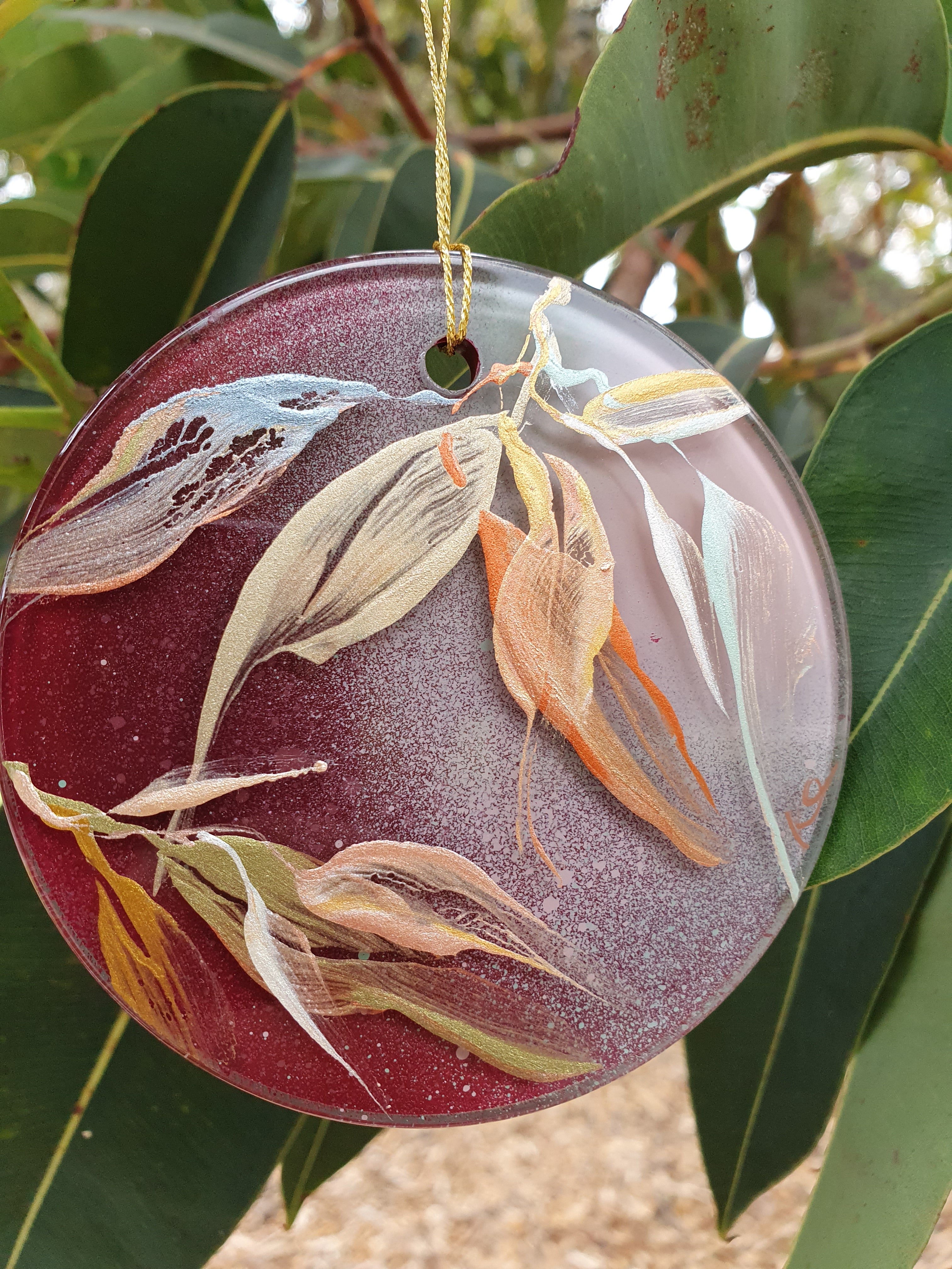 Glass Christmas Ornament | Hand-painted Australian Gum Leaf | Decoration