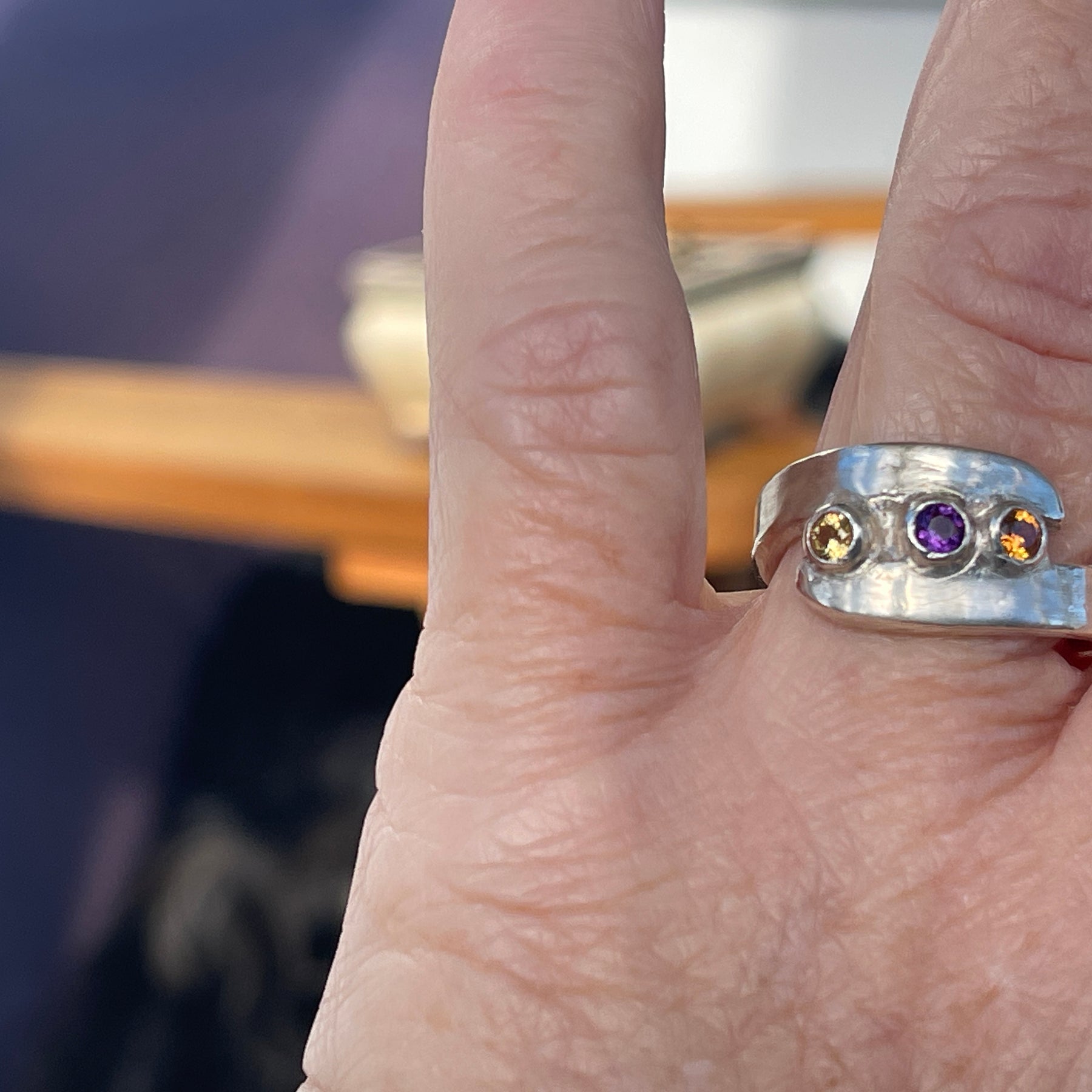 Citrine,Saphire and Amythyst ring in 925 Silver