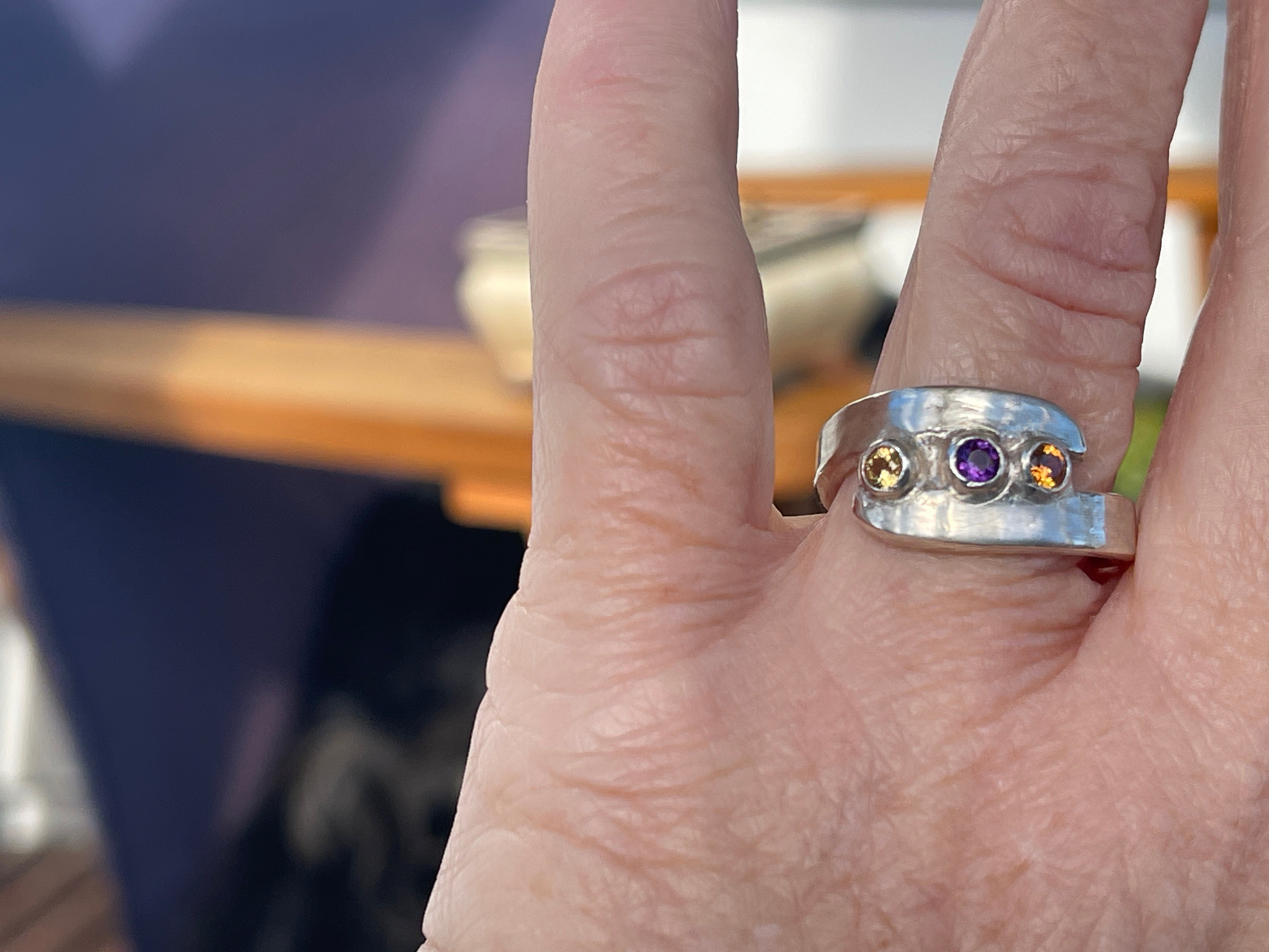 Citrine,Saphire and Amythyst ring in 925 Silver