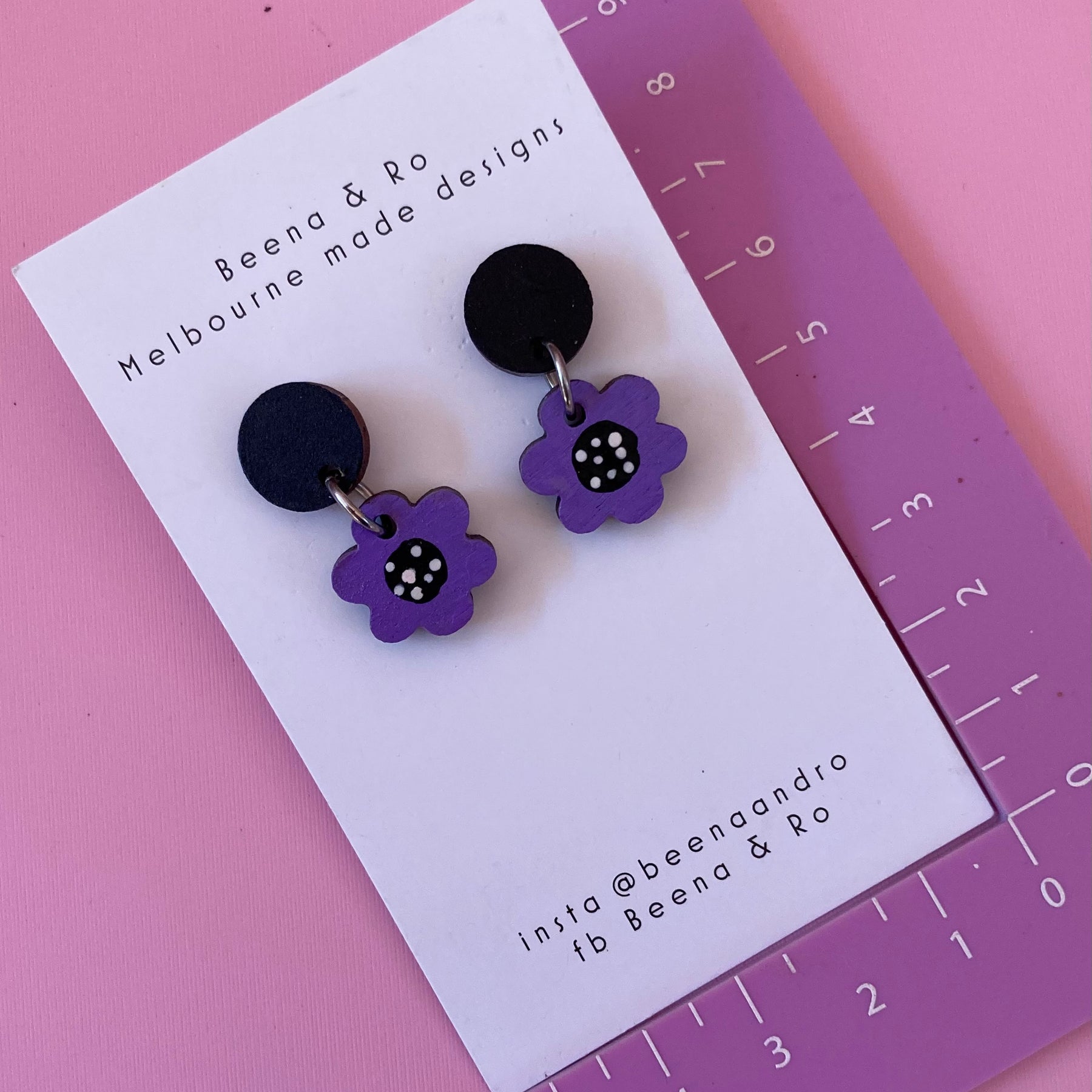 Purple hand painted flower earrings