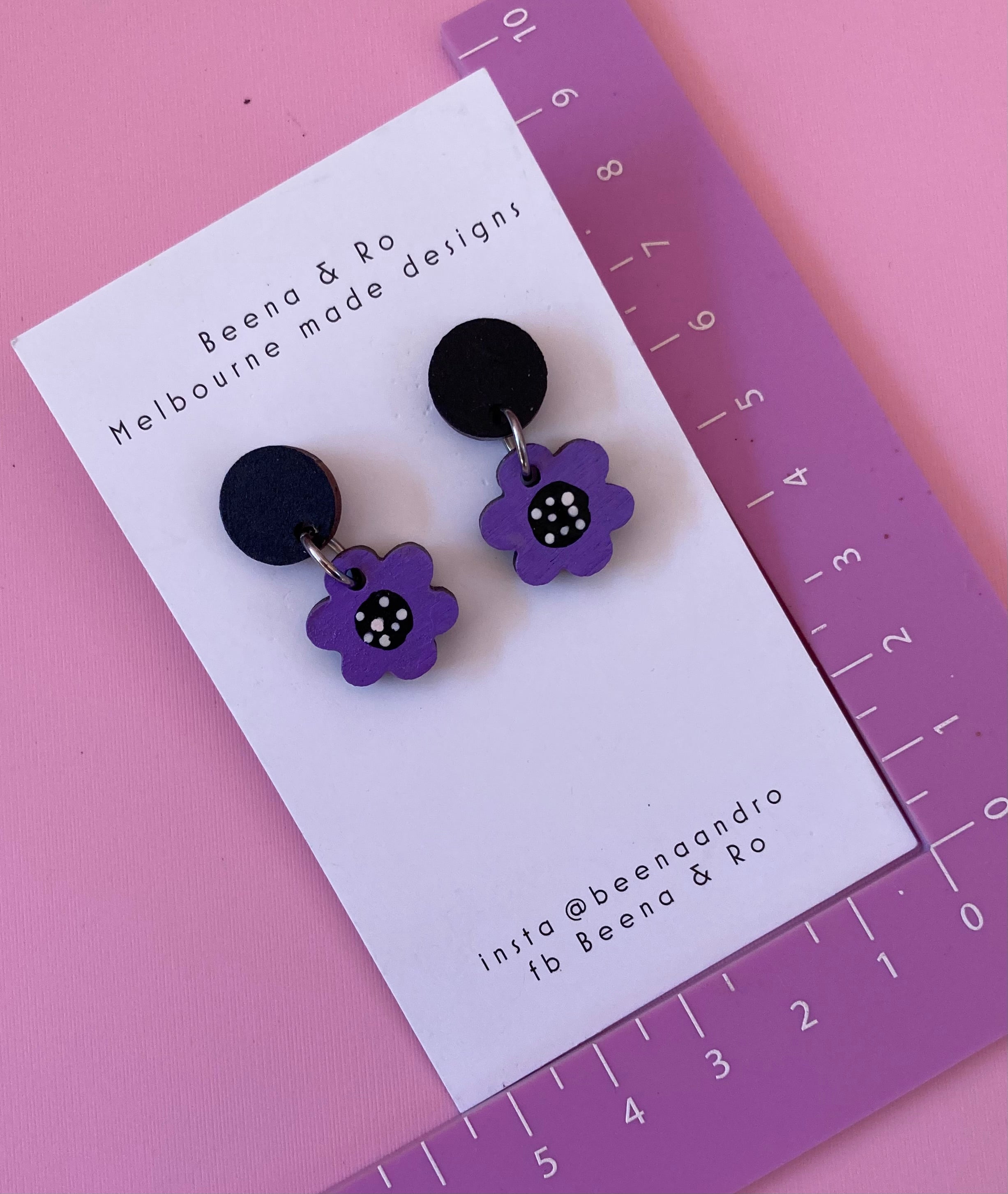 Purple hand painted flower earrings