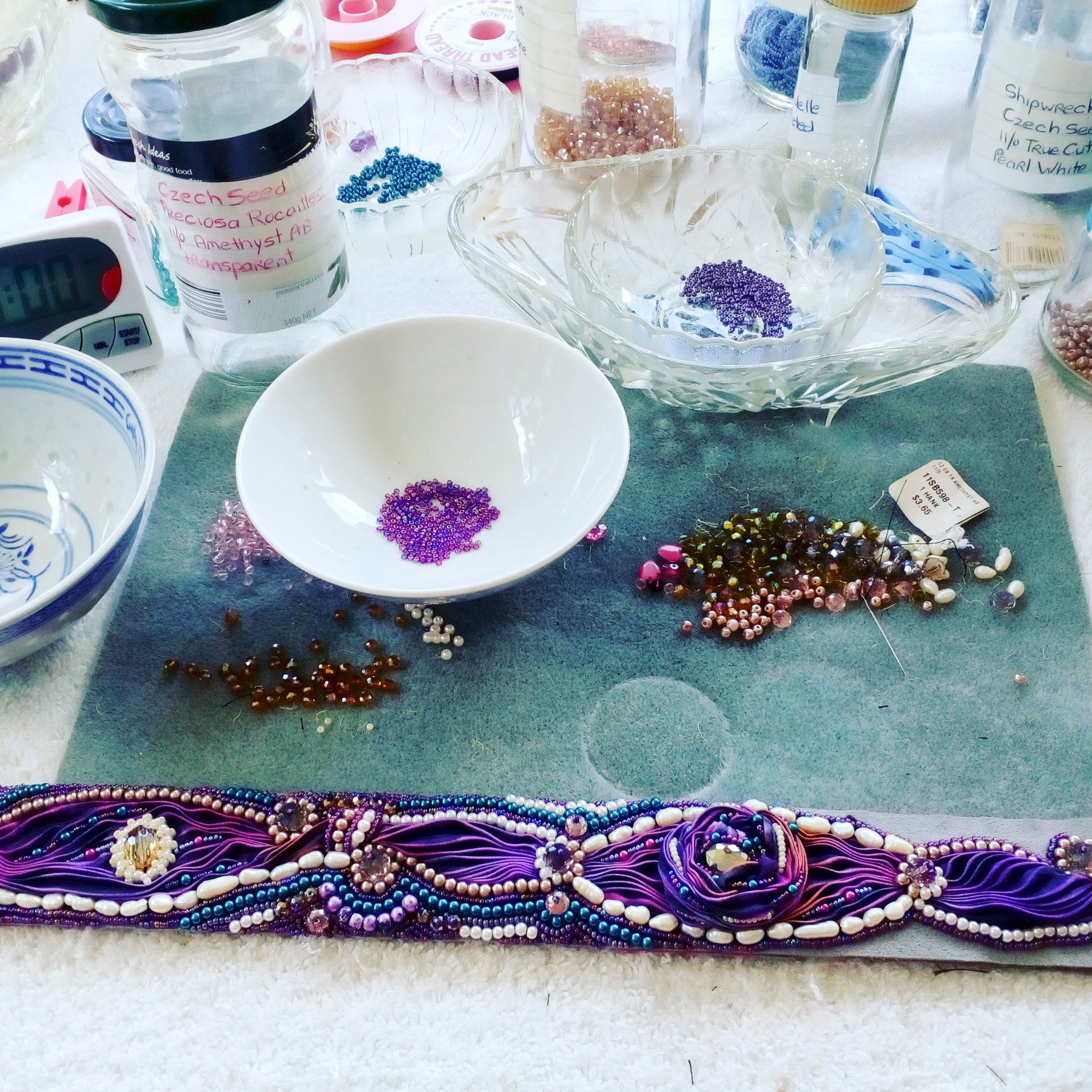 Bead Embroidered Bridal Sash Belt in Mostly Purple