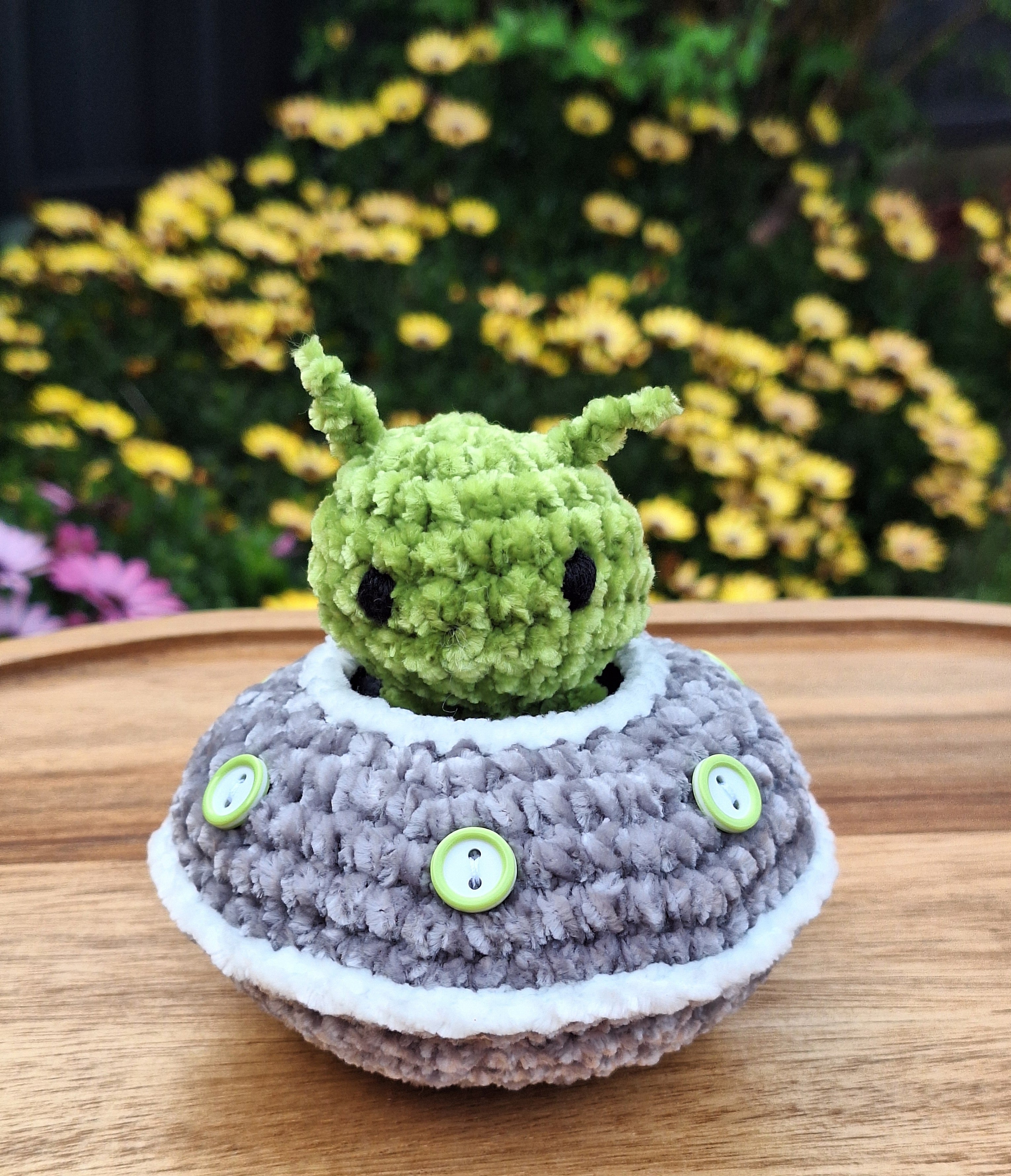 Crocheted Alien and Flying Saucer- Handmade Plush Play Set