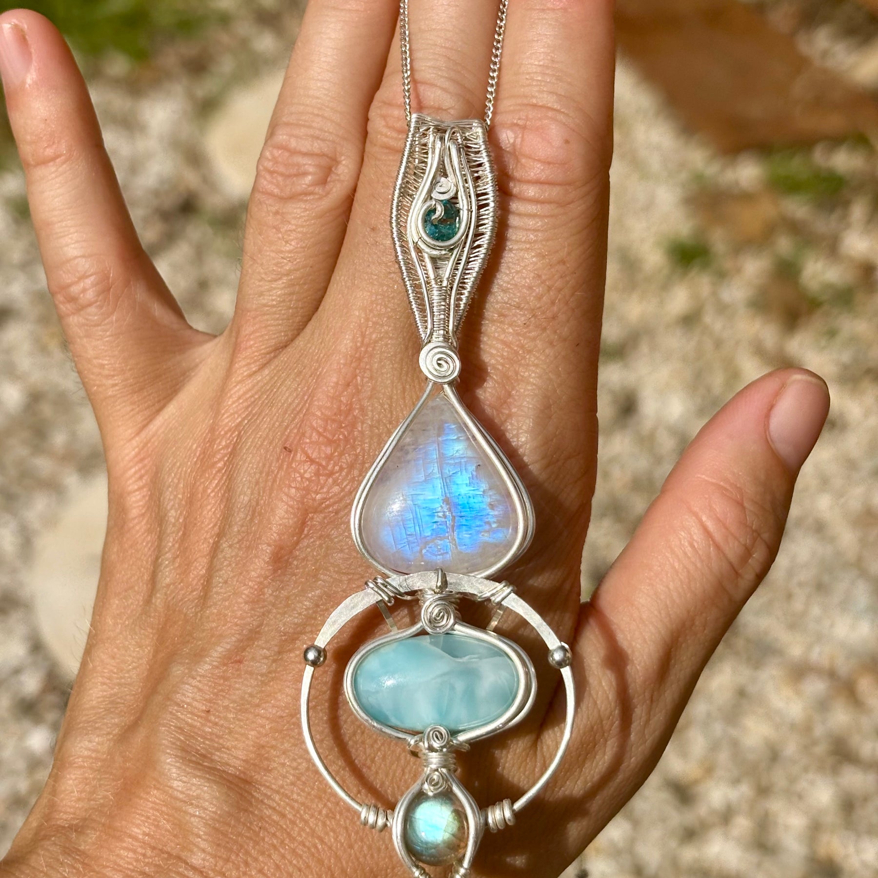 Moonstone, Tooaz, Larimar, Labradorite Crystal pendant in silver