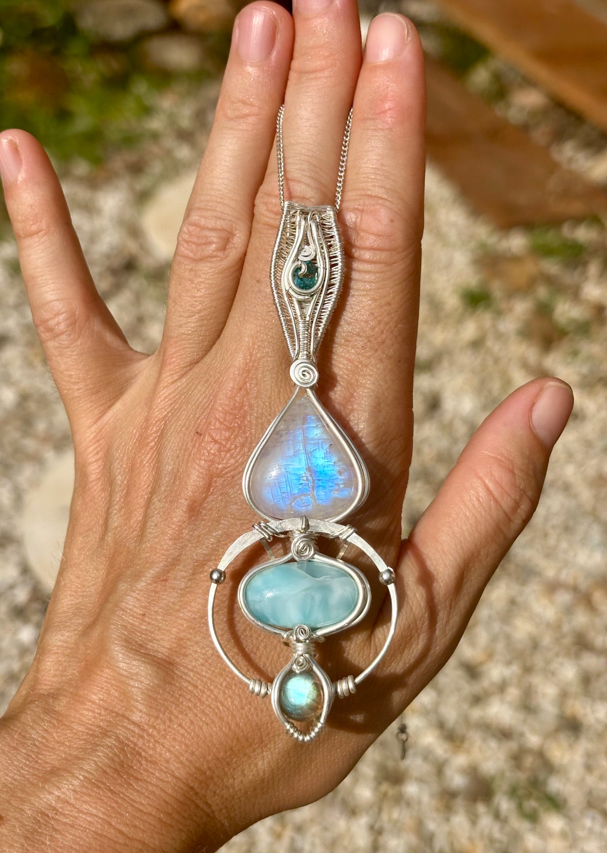 Moonstone, Tooaz, Larimar, Labradorite Crystal pendant in silver