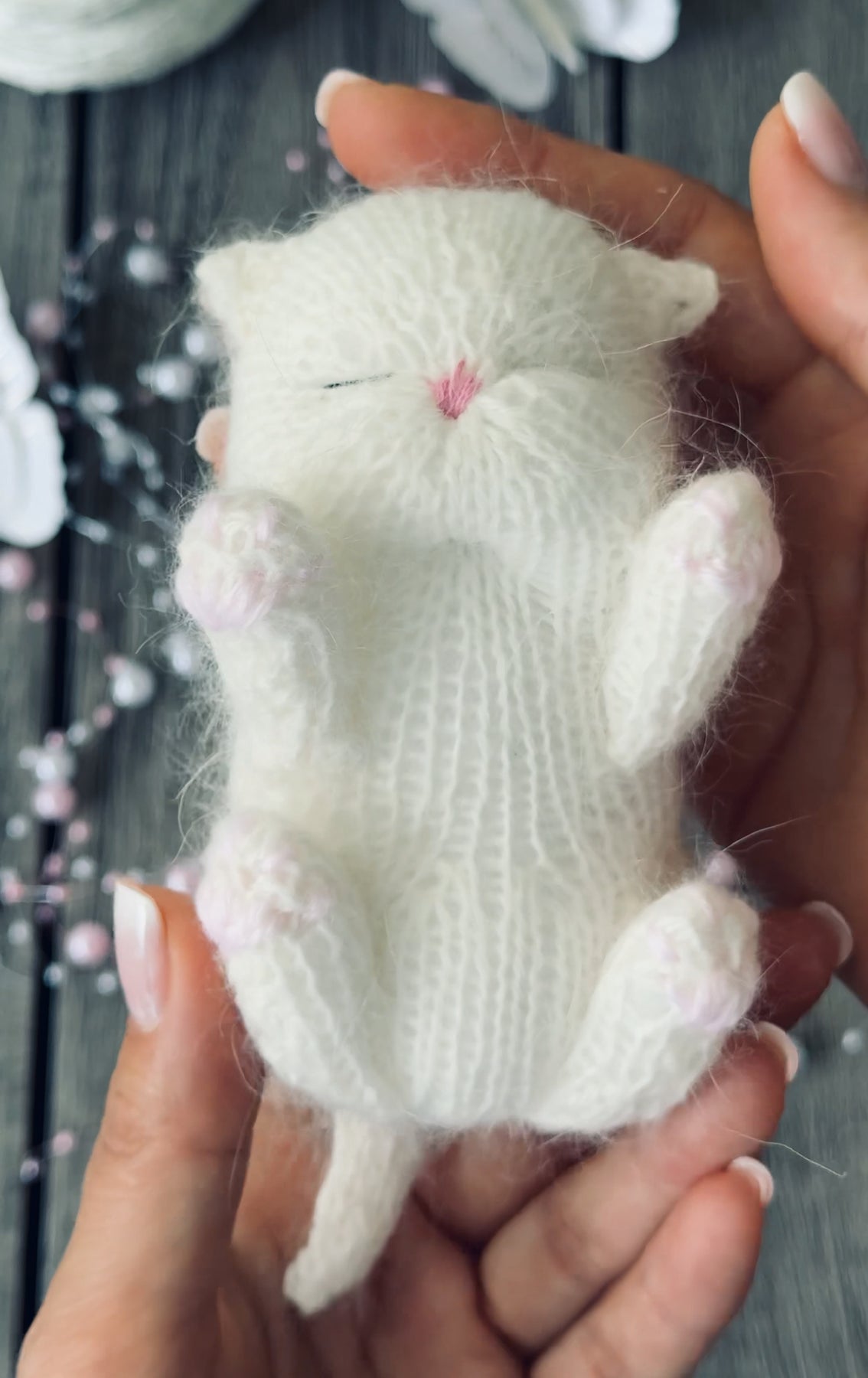 Handmade White Sleeping Kitty in The Bunny Beanie and Blanket