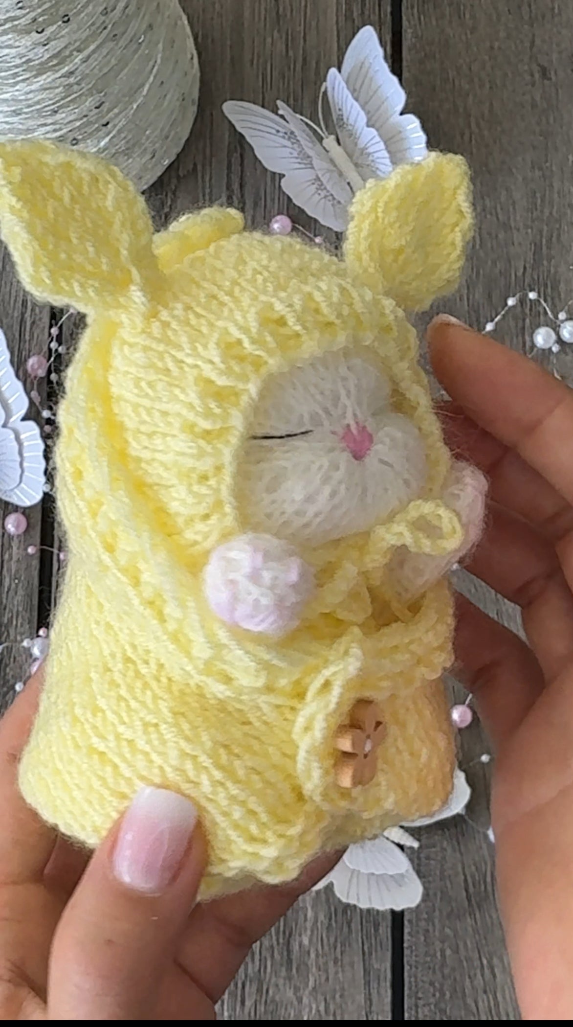 Handmade White Sleeping Kitty in The Bunny Beanie and Blanket