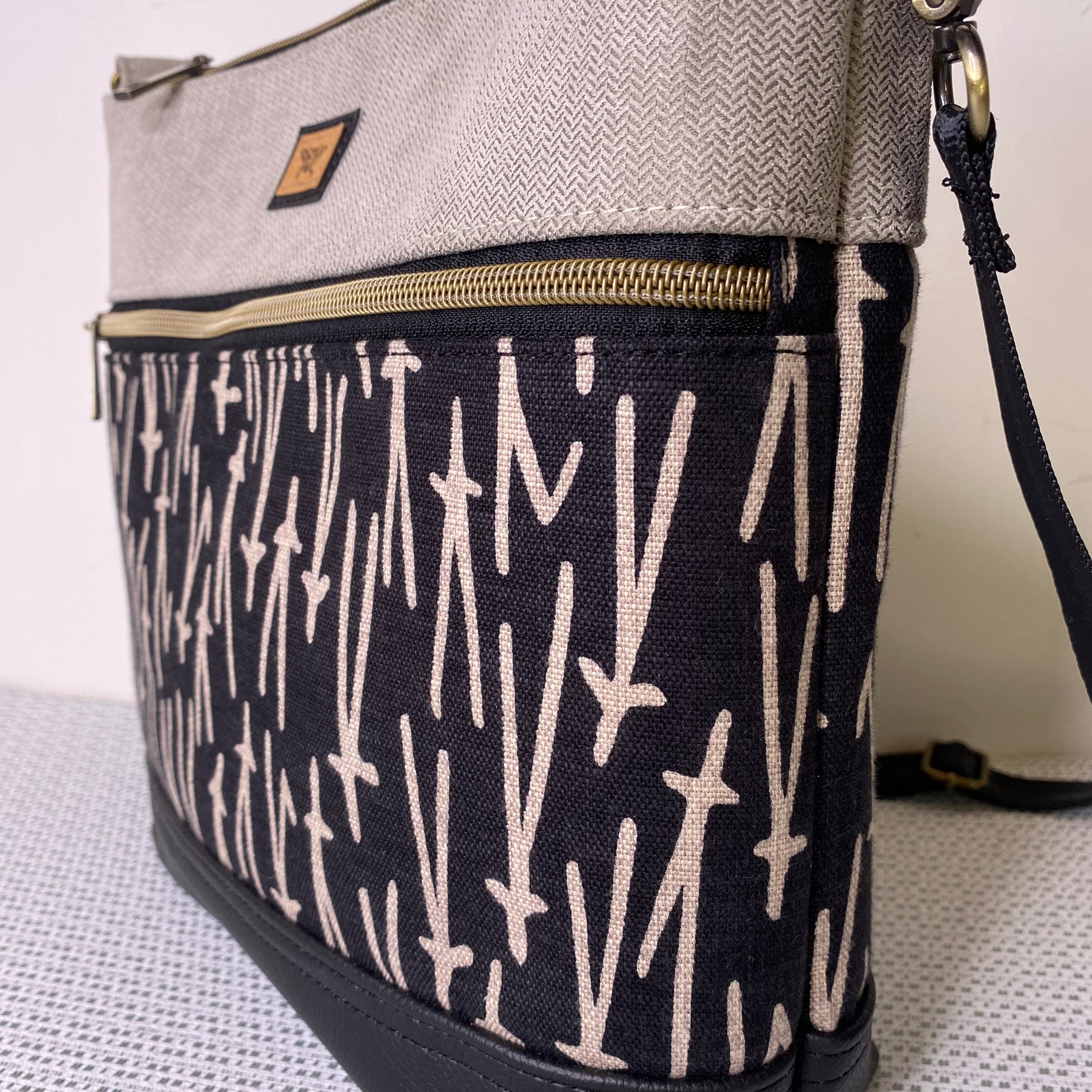 Lola Crossbody Bag - Contemporary Brown Print and Beige Fabric with Dark BrownFaux Leather Base
