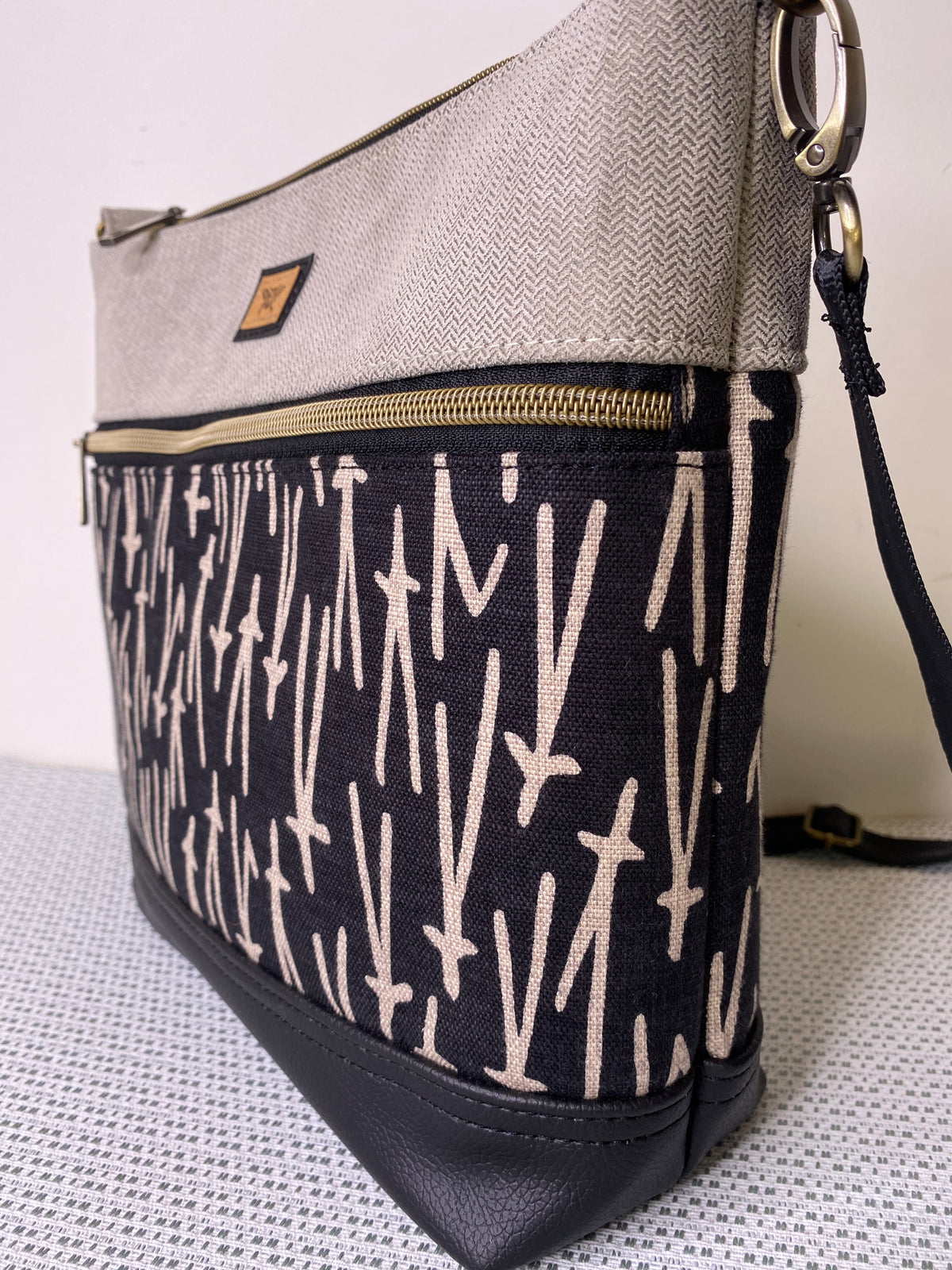 Lola Crossbody Bag - Contemporary Brown Print and Beige Fabric with Dark BrownFaux Leather Base