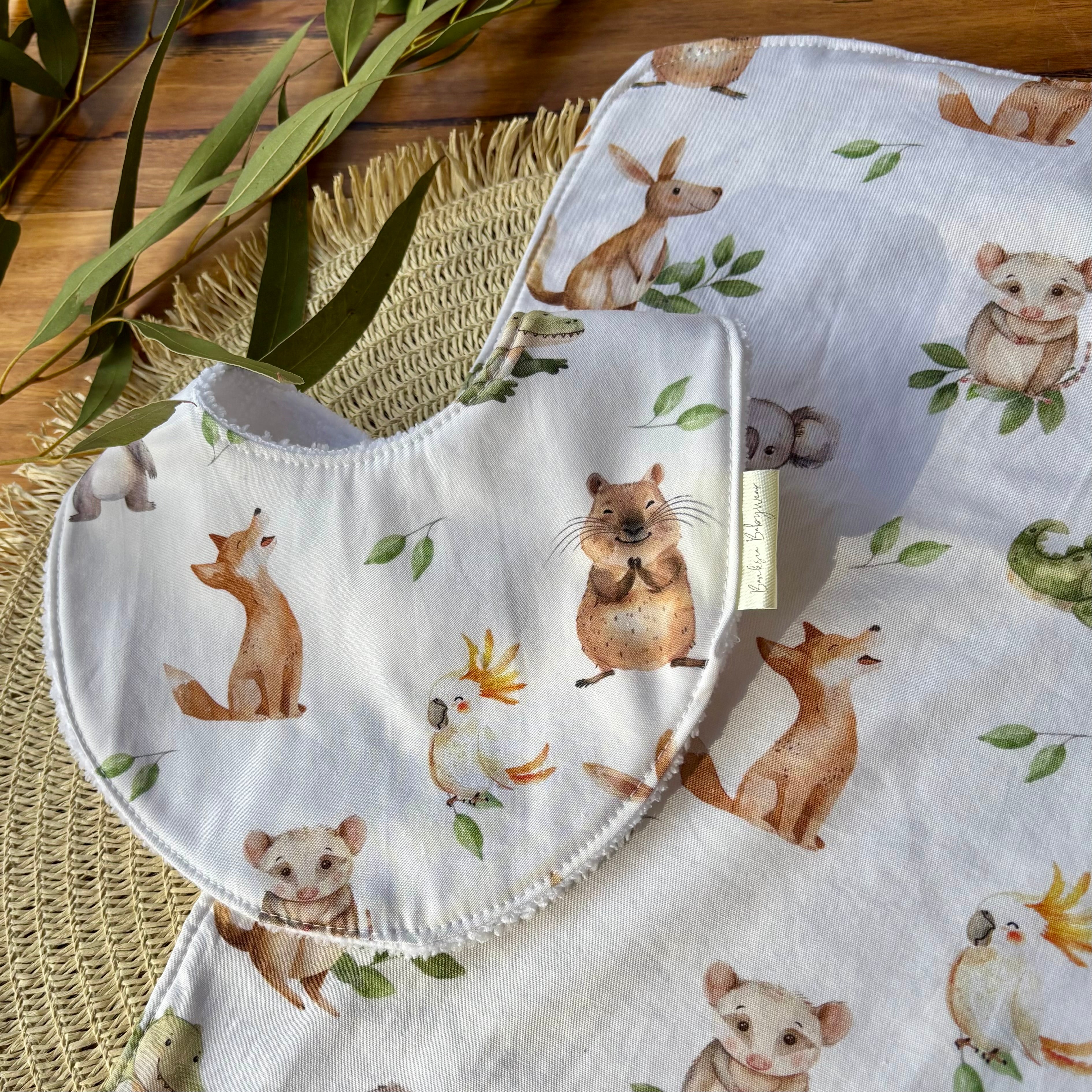 Baby Bib and Burp Cloth Set | More Green and White Aussie Animals | Made to Order