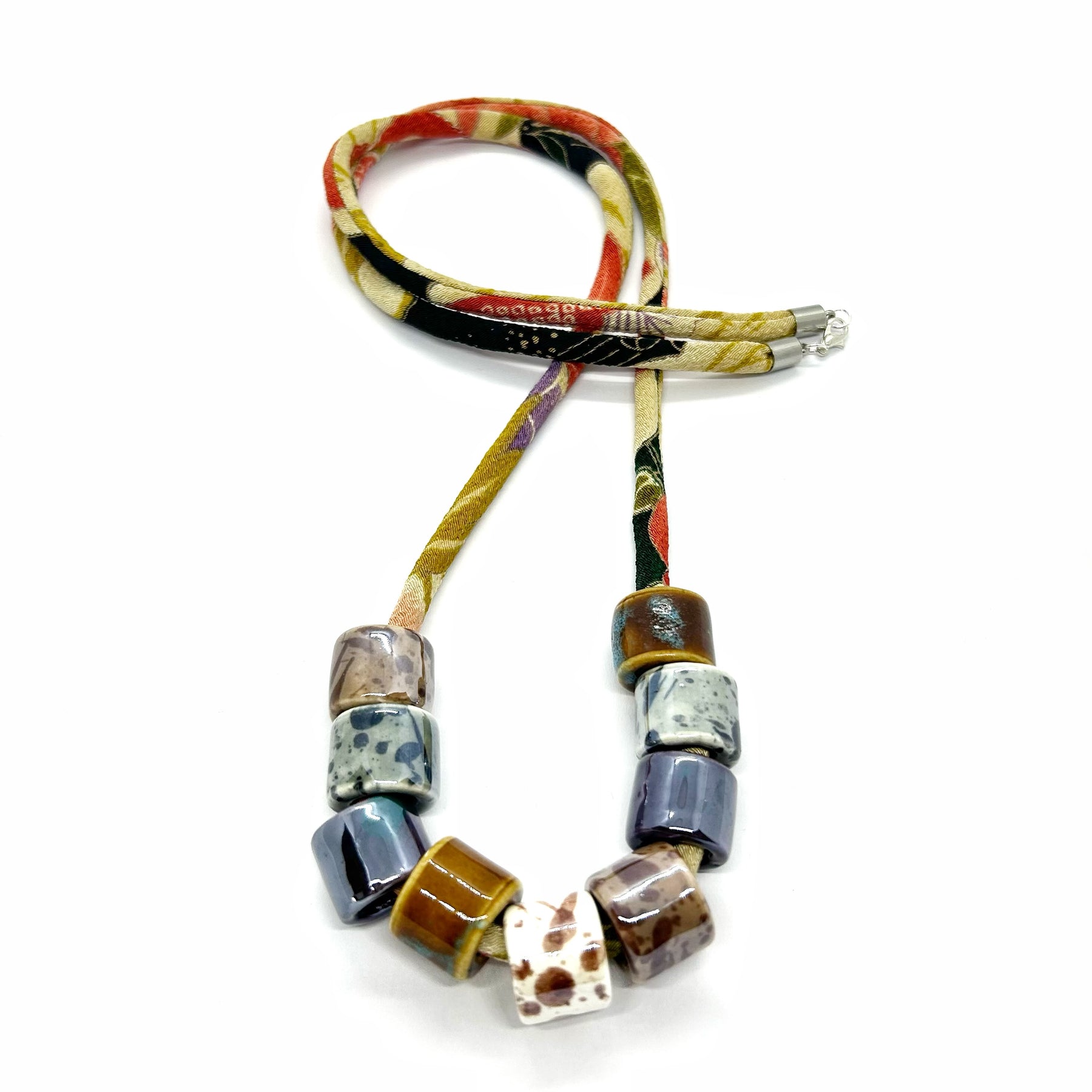 Ceramic Bead Necklace on Kimono Cord - Brown