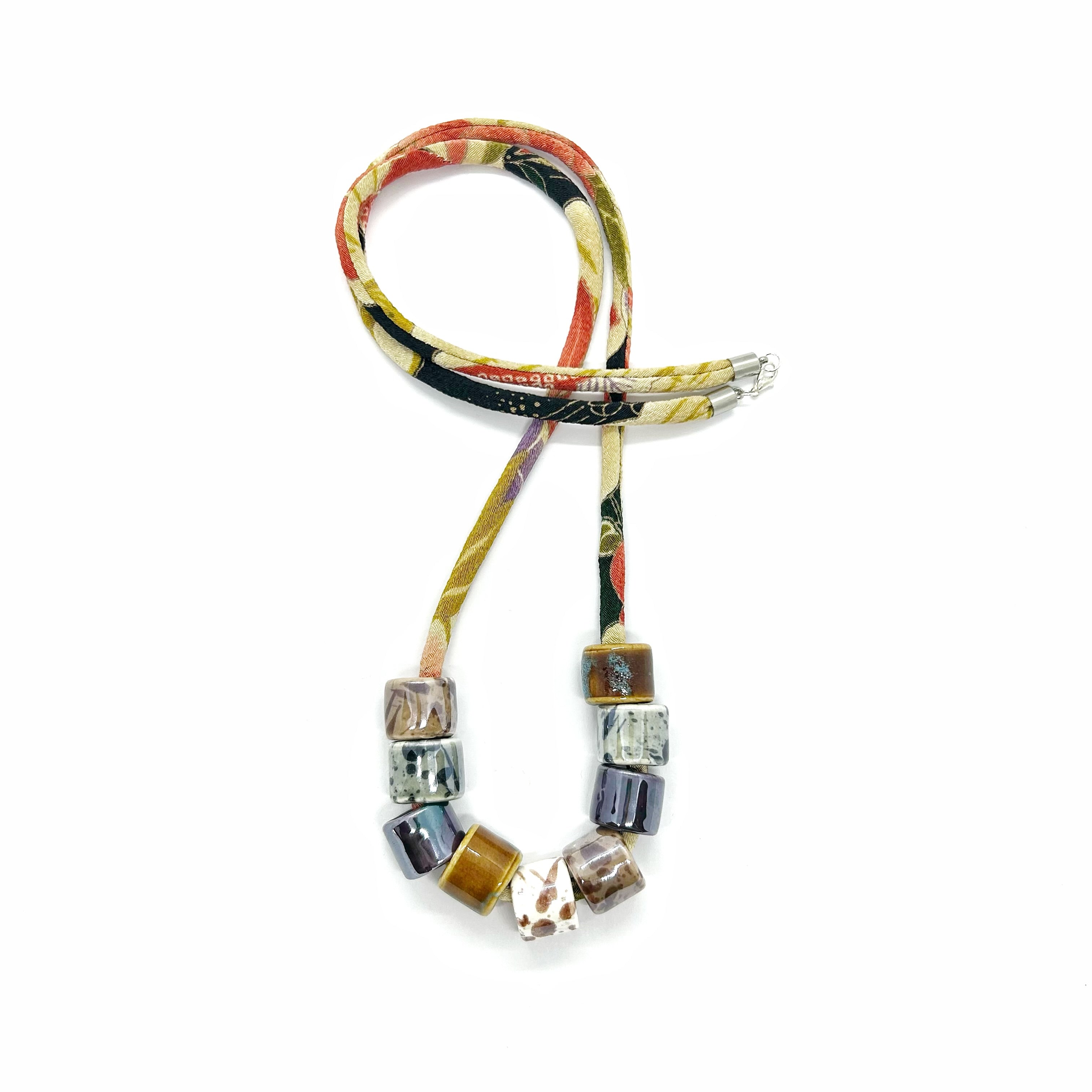 Ceramic Bead Necklace on Kimono Cord - Brown