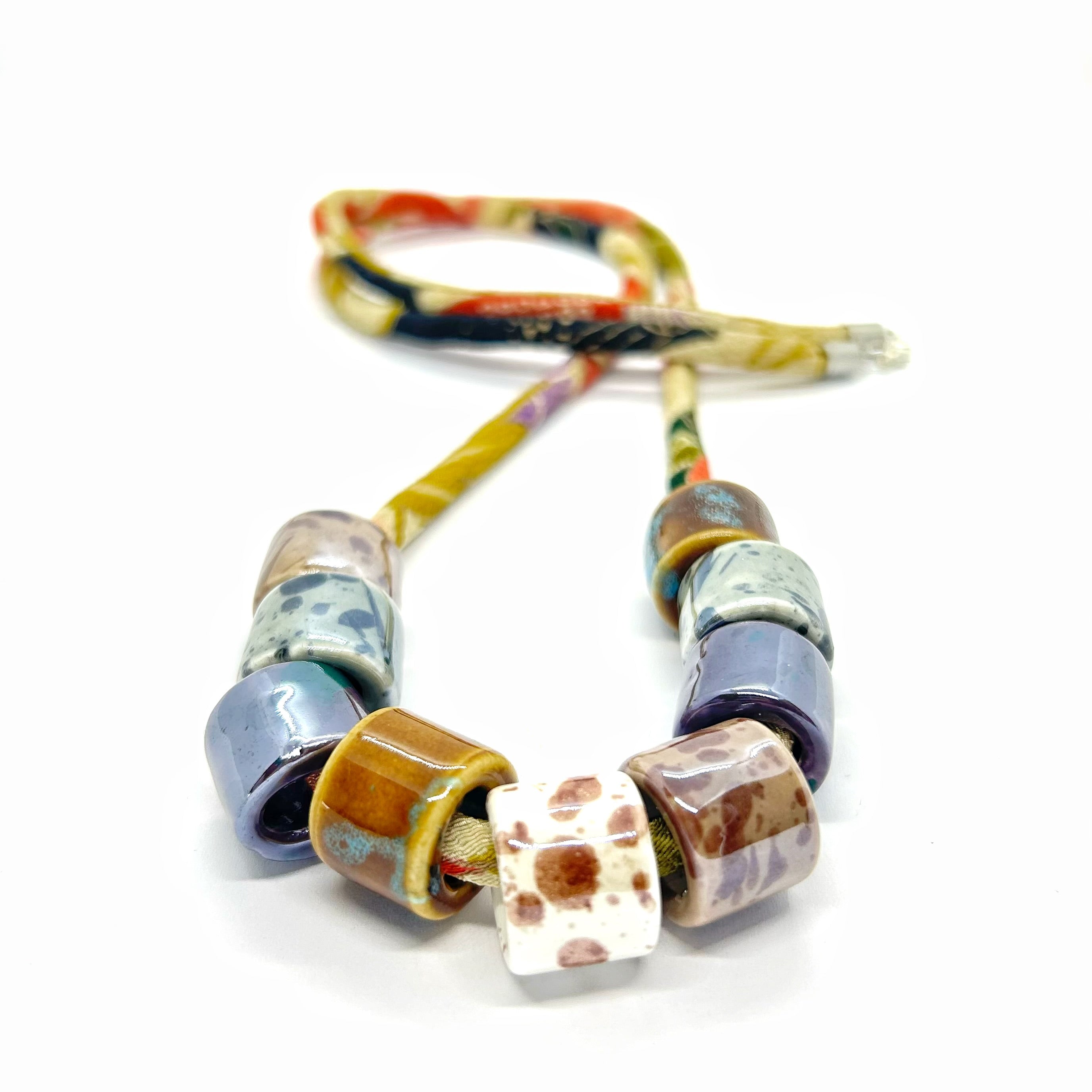 Ceramic Bead Necklace on Kimono Cord - Brown
