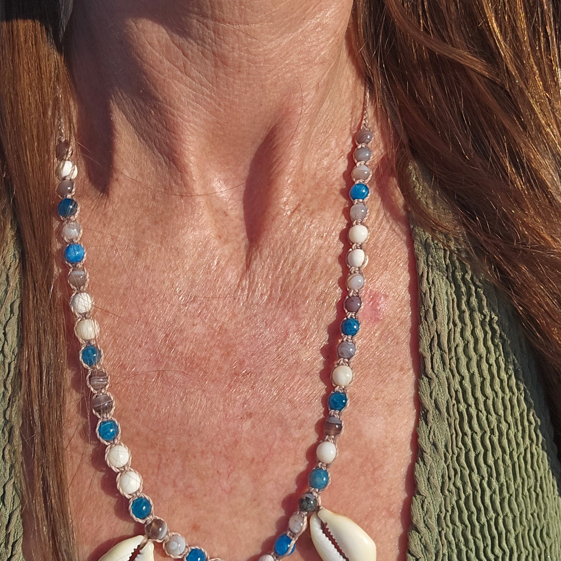 Cowrie Shell Macrame Necklace with Blue Apatite