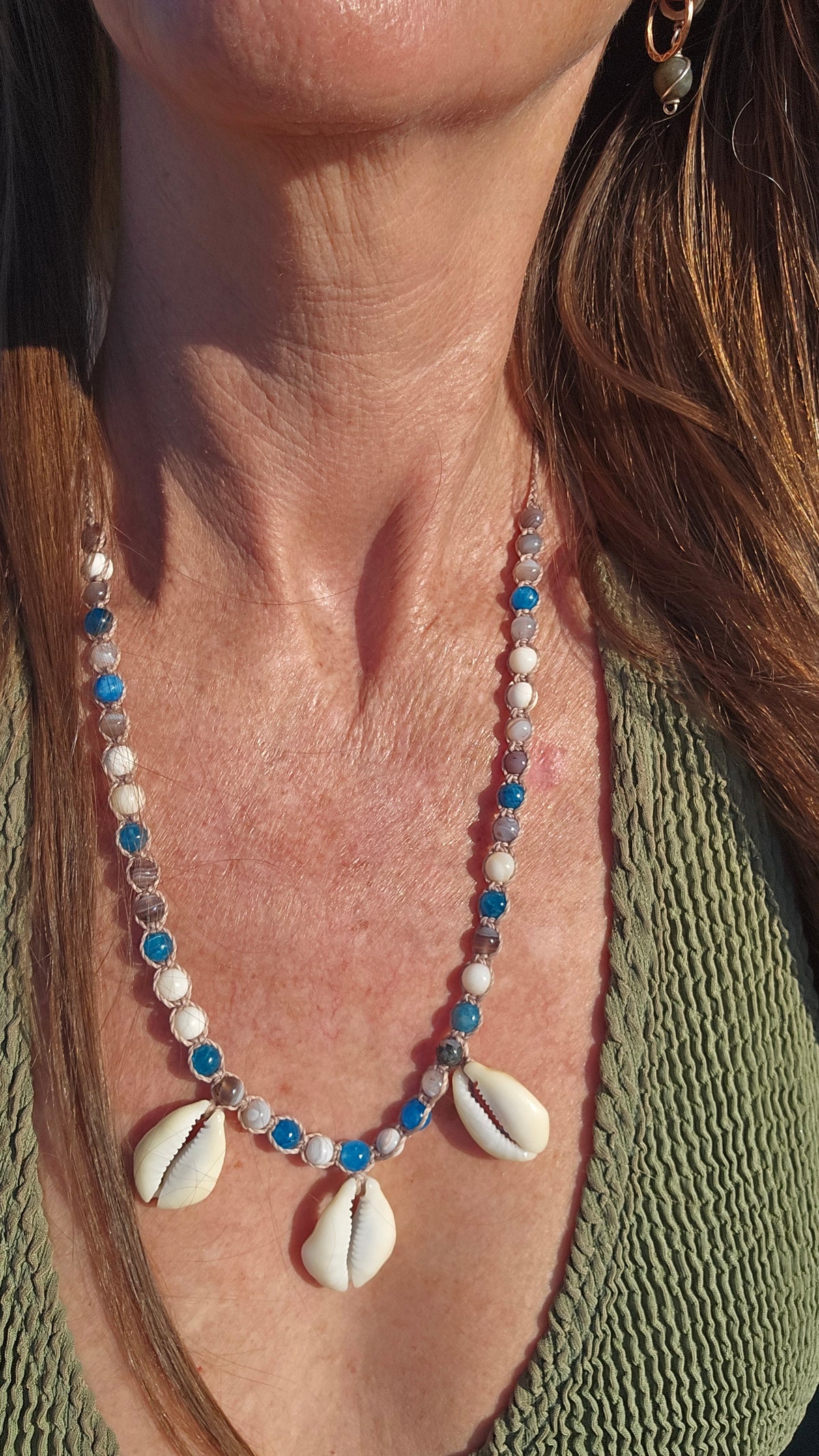 Cowrie Shell Macrame Necklace with Blue Apatite