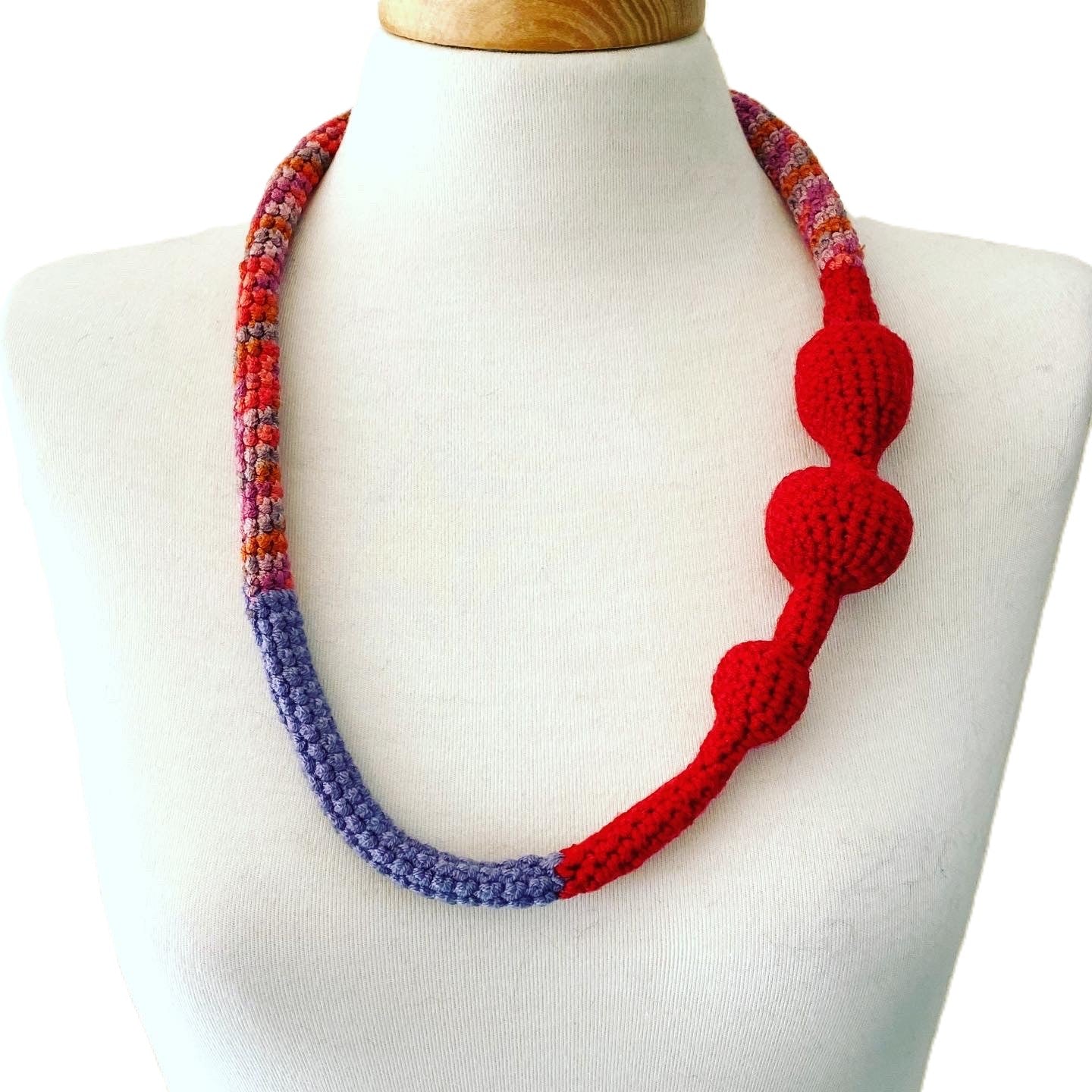 Handmade Crochet Statement Necklace | Asymmetric Red Purple Pink Orange | Continuous Loop | Fiber Art Jewelry | Unique Gift