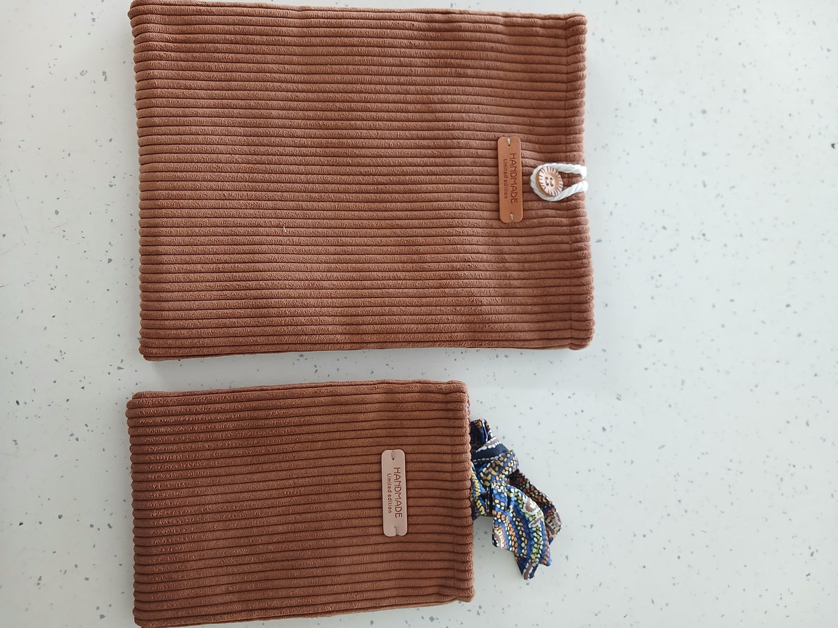 Christmas Gift — Book Sleeve Set of 2 — Large 28x22cm + Small 21x15cm — Brown Green Oatmeal — Padded Corduroy — Teacher Gift —