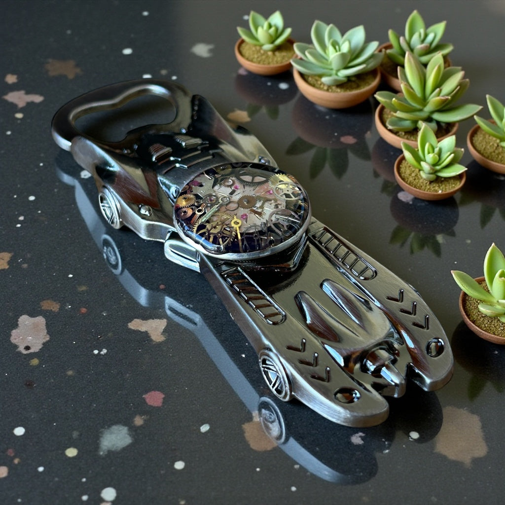 Steampunk watch parts racecar bottle opener