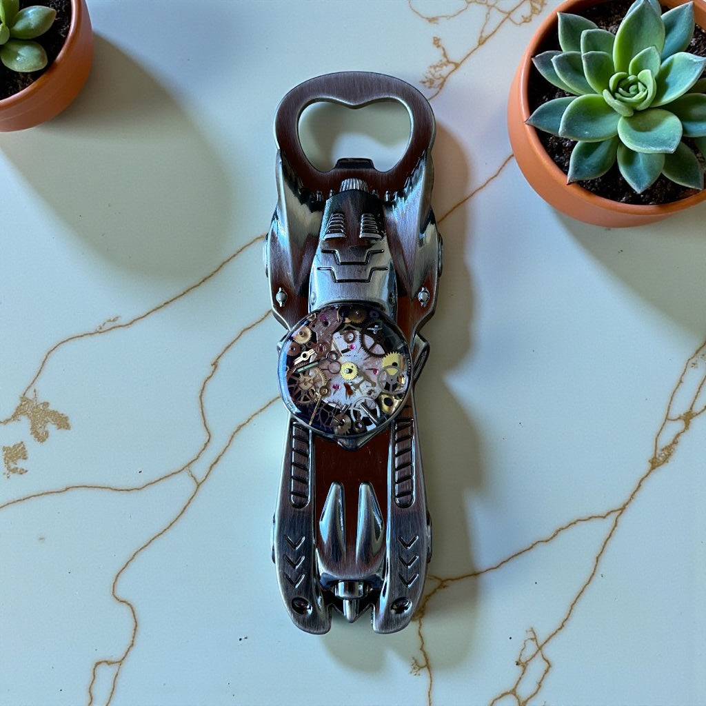 Steampunk watch parts racecar bottle opener