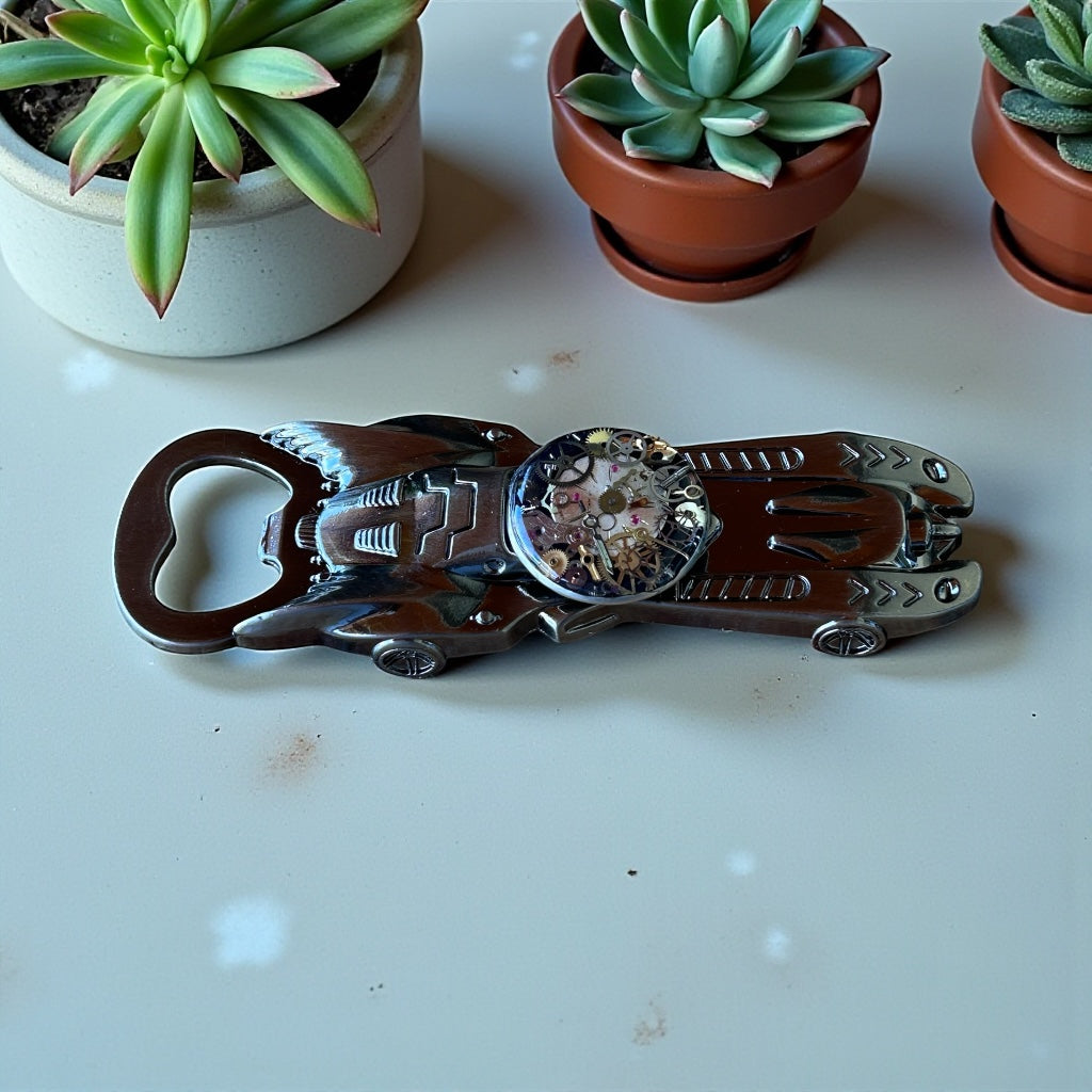 Steampunk watch parts racecar bottle opener