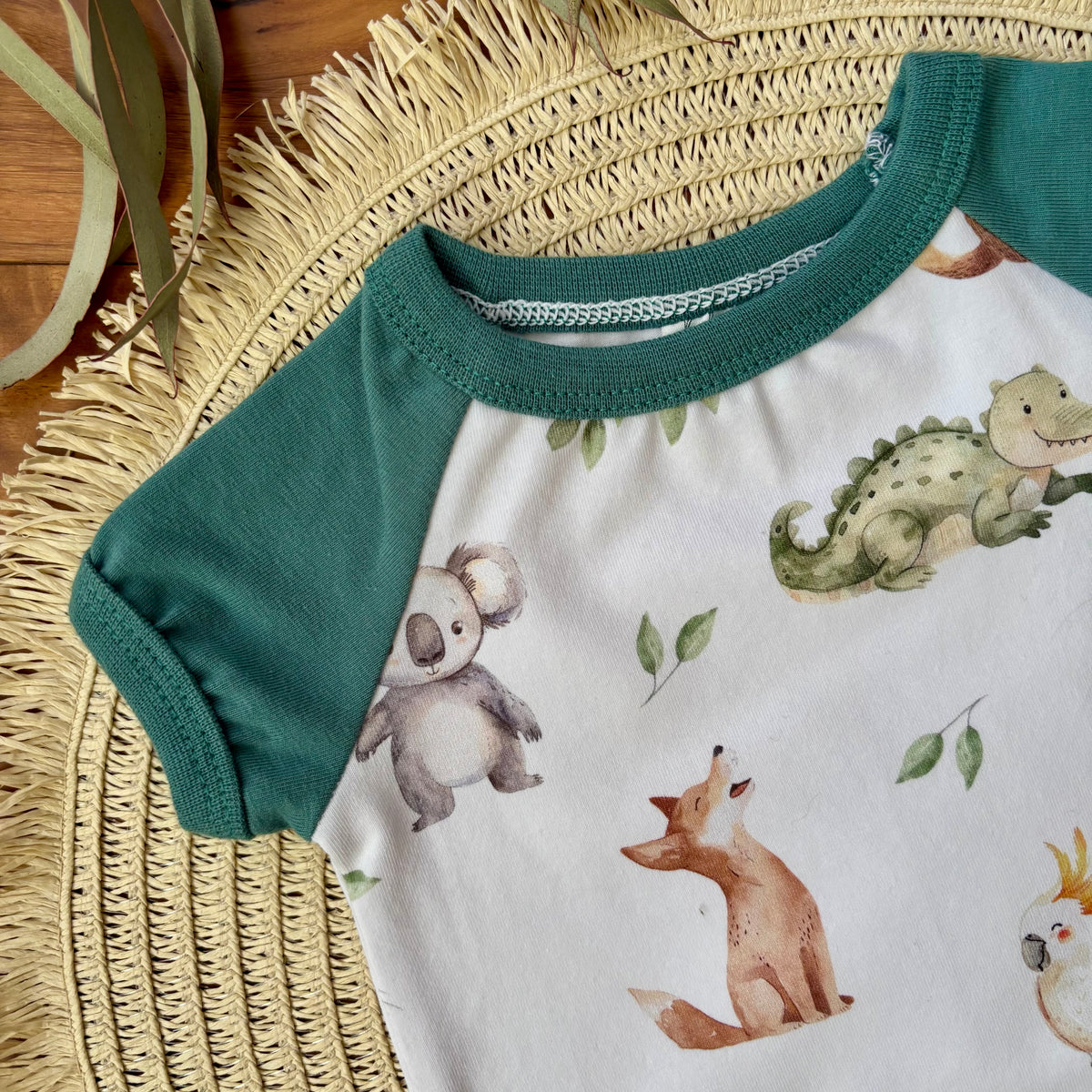 Baby Short Sleeved Bodysuit | Dark Green Aussie Animals | Size premmie to 2 | Made to order