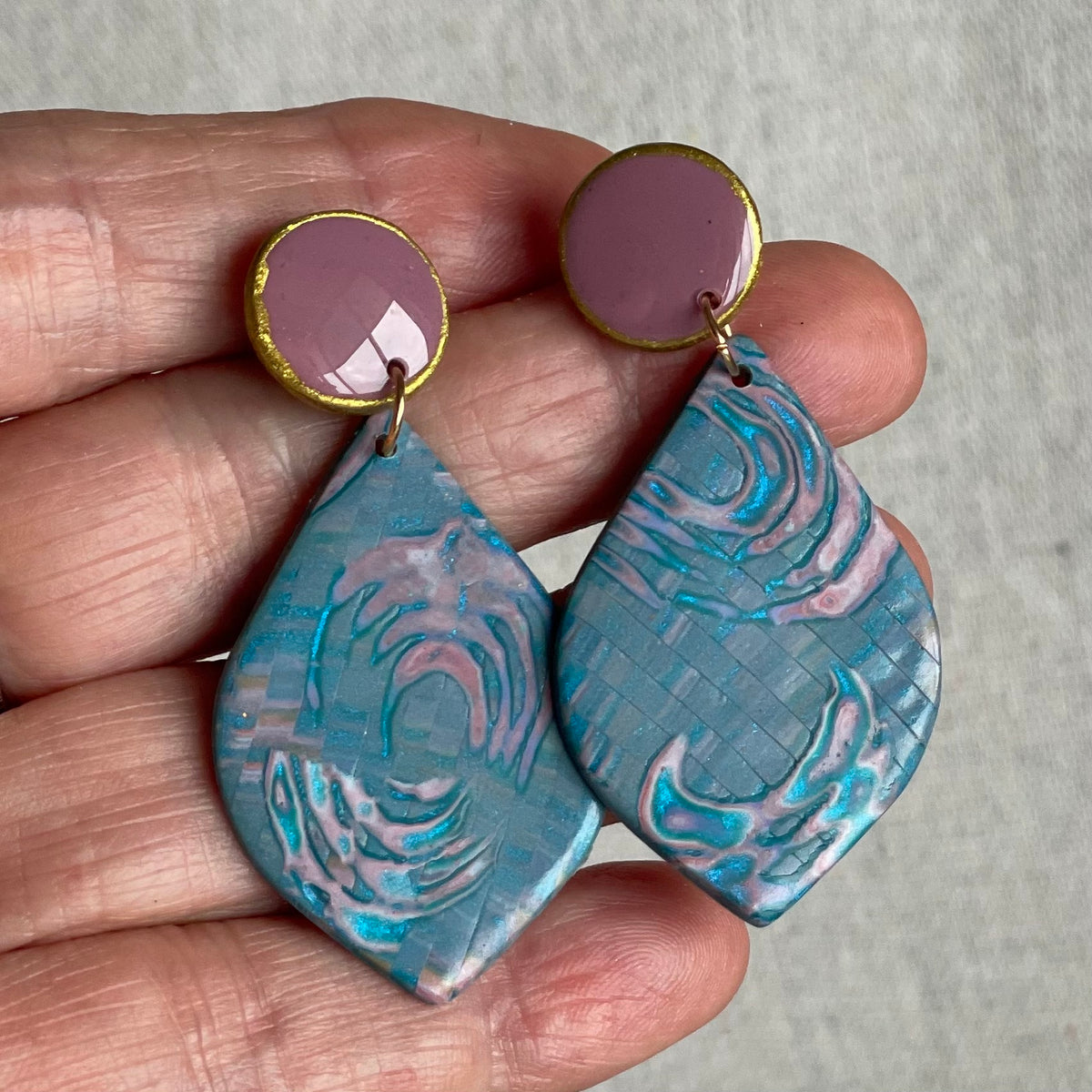 Polymer Clay Teardrop Stud Drop Earrings – Teal & Pink