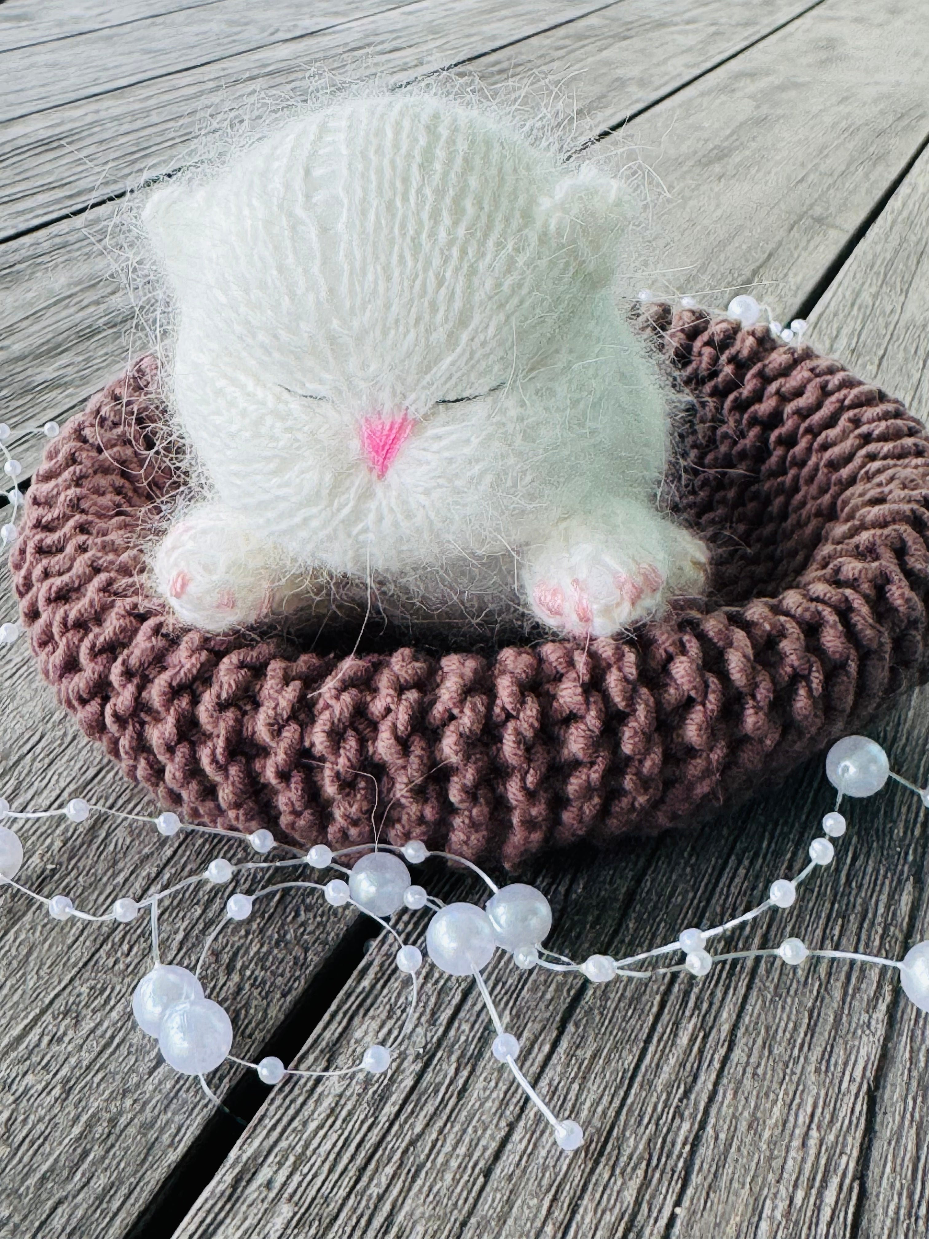 Handmade White Knitted Sleeping Kitty in Brown Basket Toy