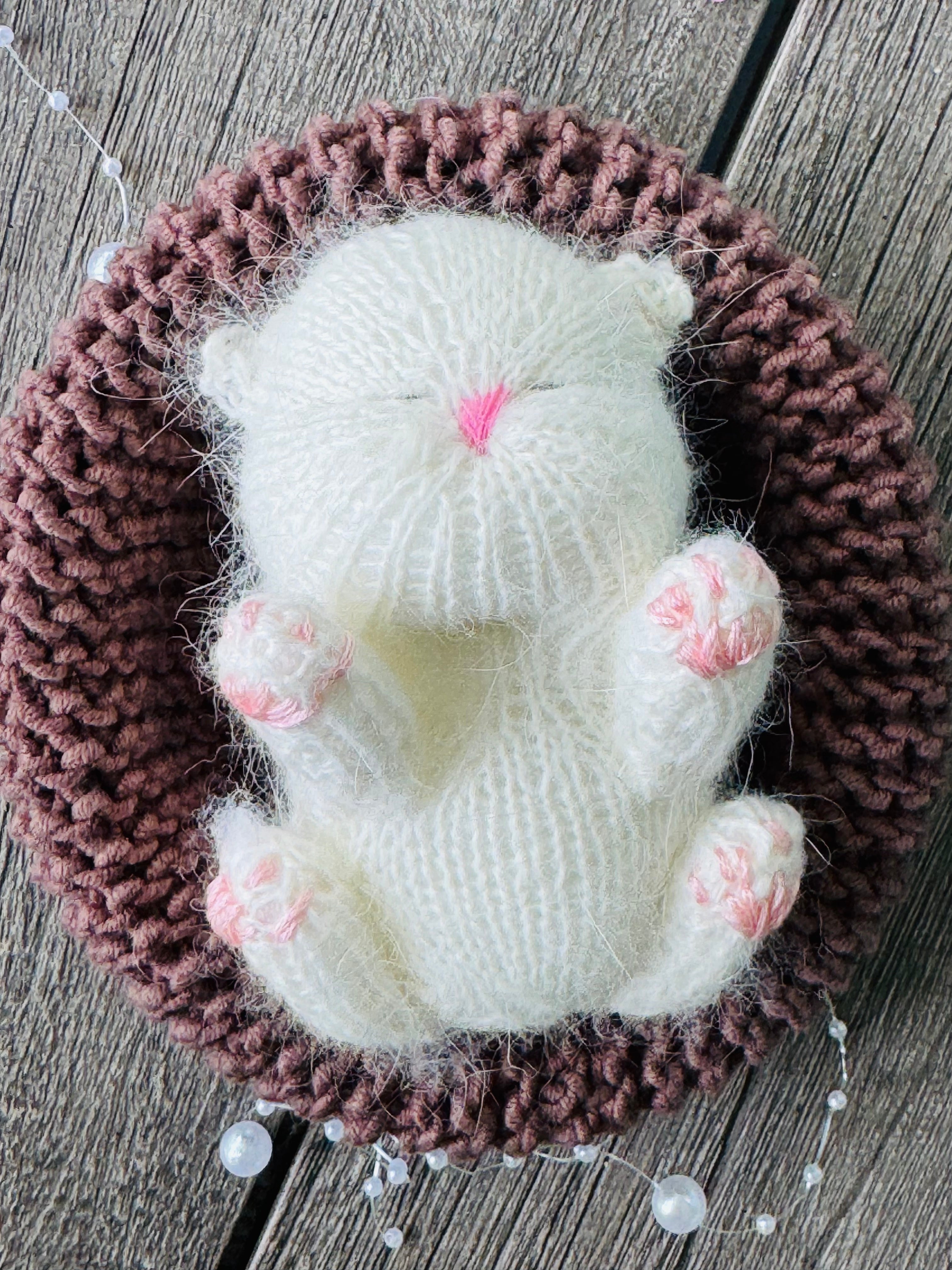 Handmade White Knitted Sleeping Kitty in Brown Basket Toy