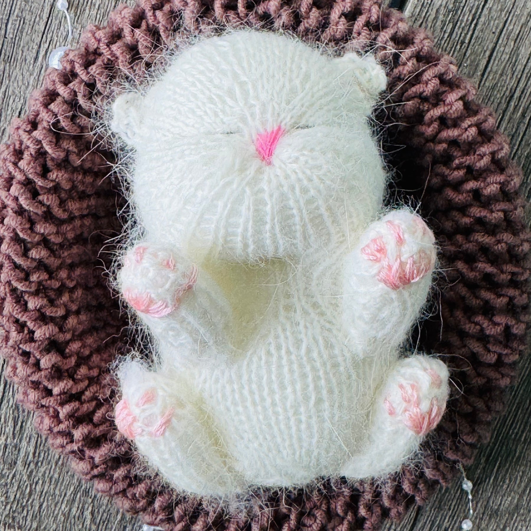 Handmade White Knitted Sleeping Kitty in Brown Basket Toy