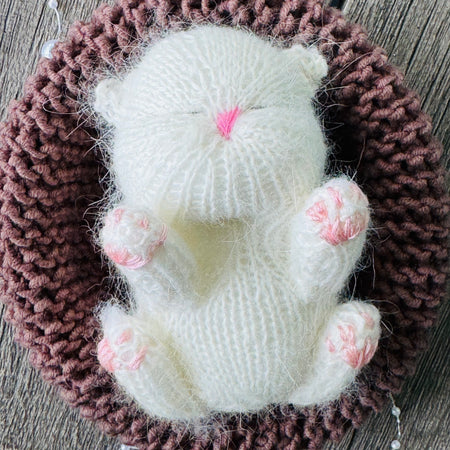 Handmade White Knitted Sleeping Kitty in Brown Basket Toy
