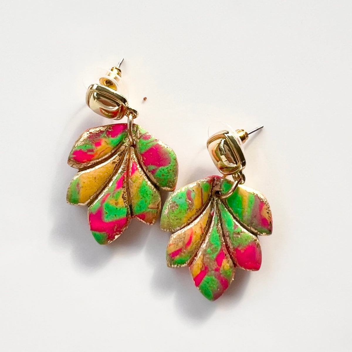 Earrings ~ Green ~ Gold ~ Gold Leaf ~ Polymer Clay