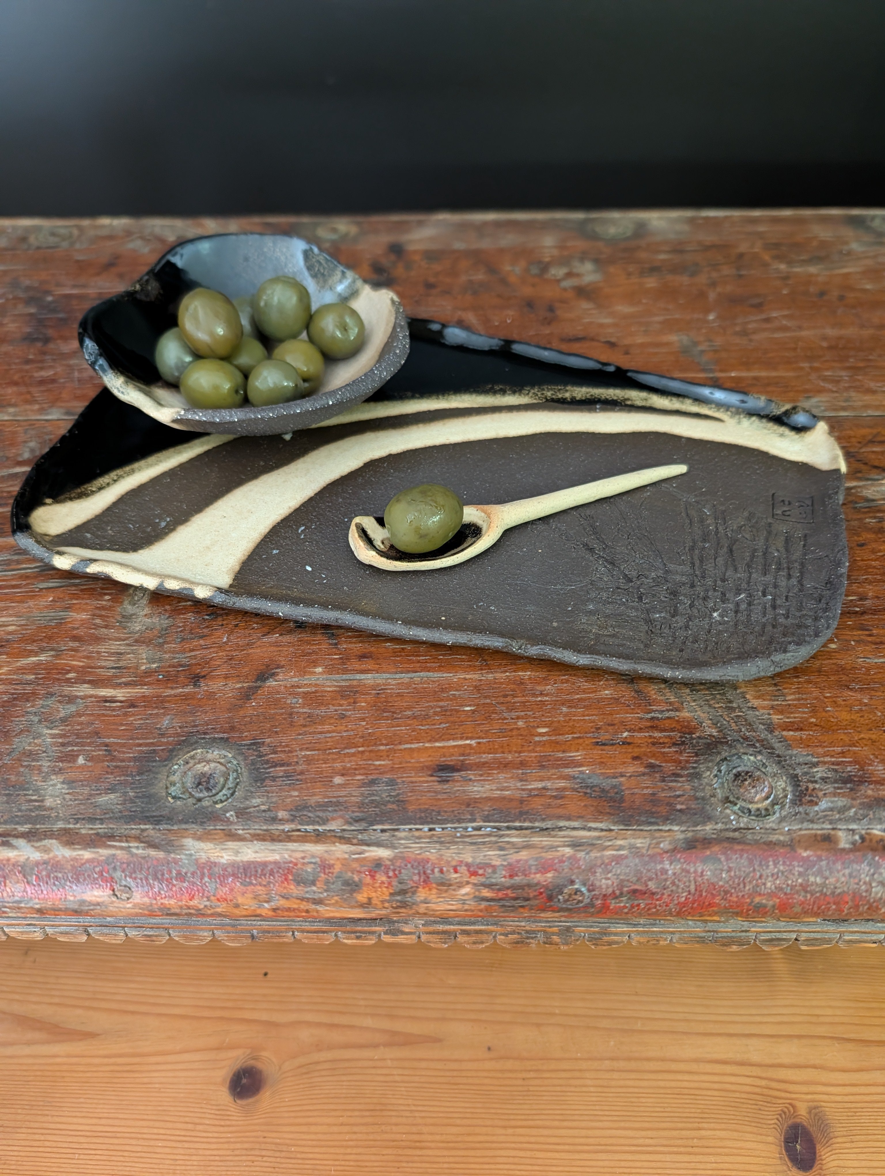 Earthy Handbuilt Ceramic Platter with Matching Bowl and Spoon - Rustic Stoneware Set